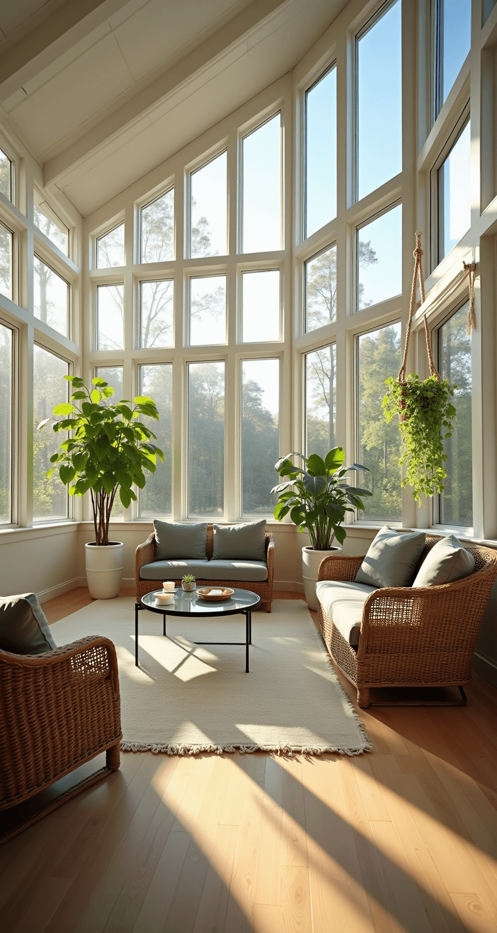 A spacious three-season room with soaring cathedral ceilings, featuring floor-to-ceiling windows, modern wicker seating, and lush indoor plants, bathed in warm golden hour light, creating a serene, airy atmosphere.