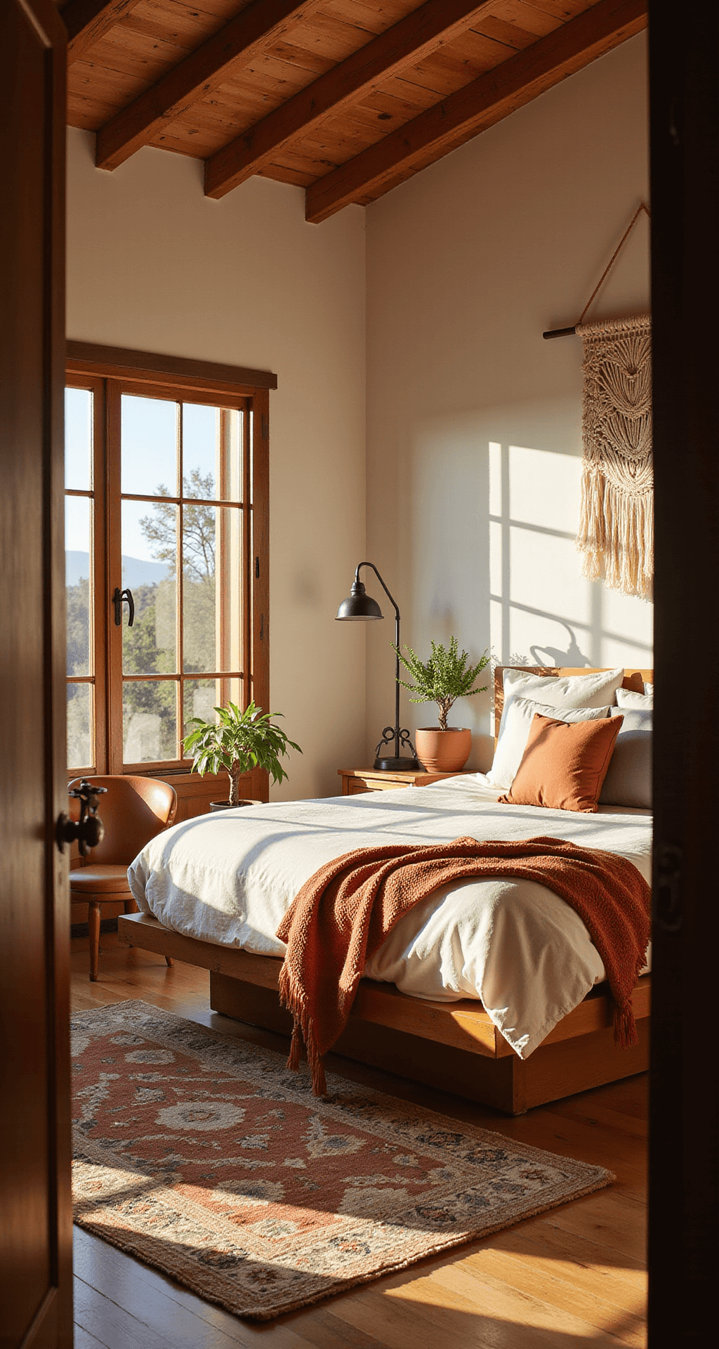 A sunlit bedroom with vaulted ceilings, wooden beams, a platform bed dressed in cream linen and terra-cotta throws, a vintage leather armchair, and macrame wall art, illuminated by golden hour light.