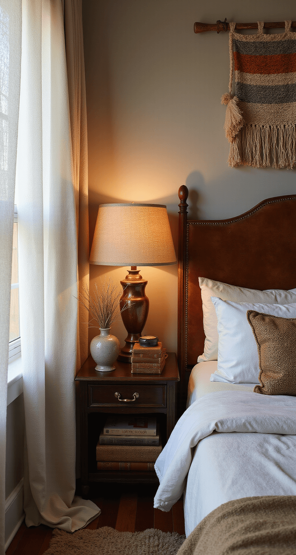 Intimate boho western bedroom with a distressed leather headboard, handwoven textile art, vintage leather-bound books, dried pampas grass, and a hammered copper lamp, all bathed in diffused sunlight and warm ambient lighting.