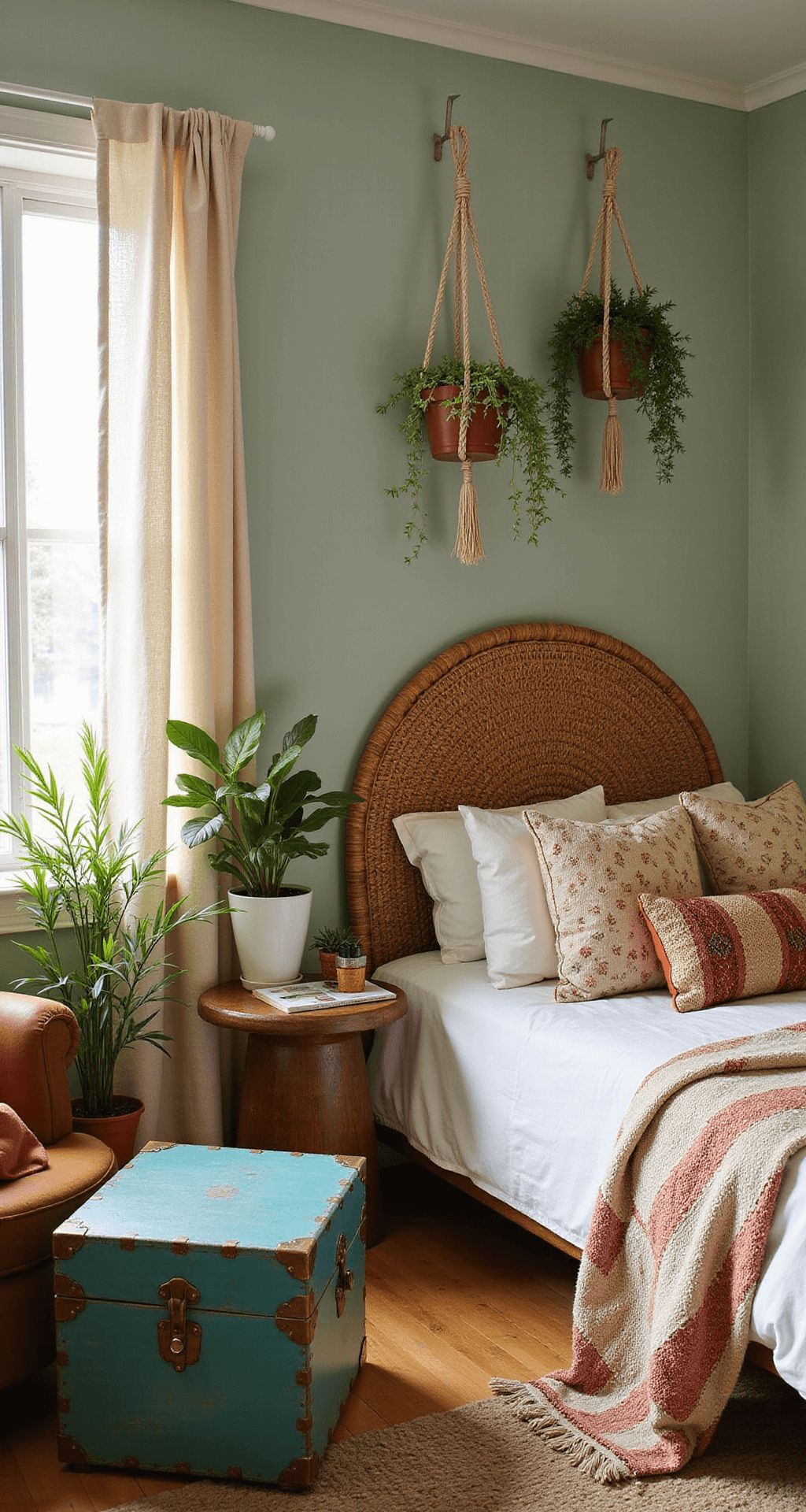 A bohemian retreat with a light sage green accent wall, woven rattan headboard, and macrame plant hangers holding trailing succulents, complemented by a distressed turquoise trunk coffee table and a suede reading nook, accented with Southwestern textiles in rust and ivory, all bathed in natural light.