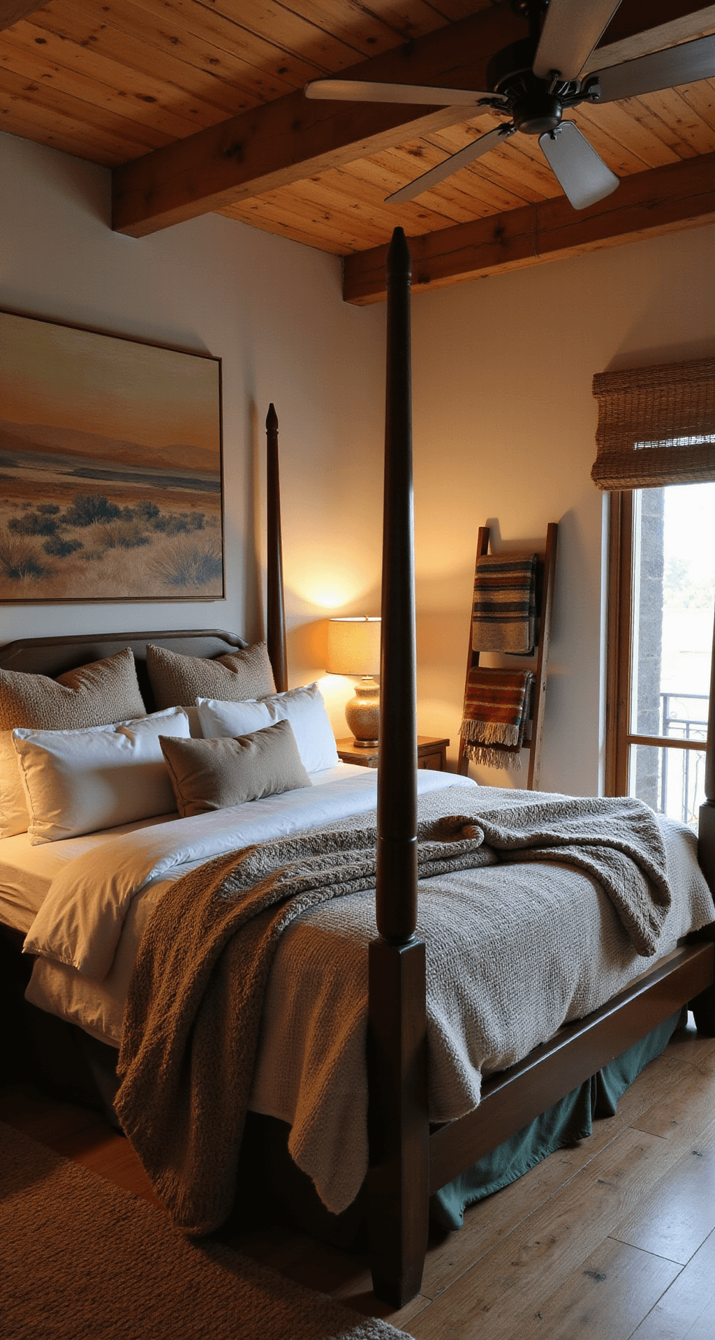 Cozy twilight scene in a 16x14ft bedroom featuring a wooden ceiling fan, layered neutral textiles on a four-poster bed, an oversized abstract desert landscape artwork, and a vintage ladder displaying Pendleton blankets, all illuminated by warm light from ceramic table lamps.