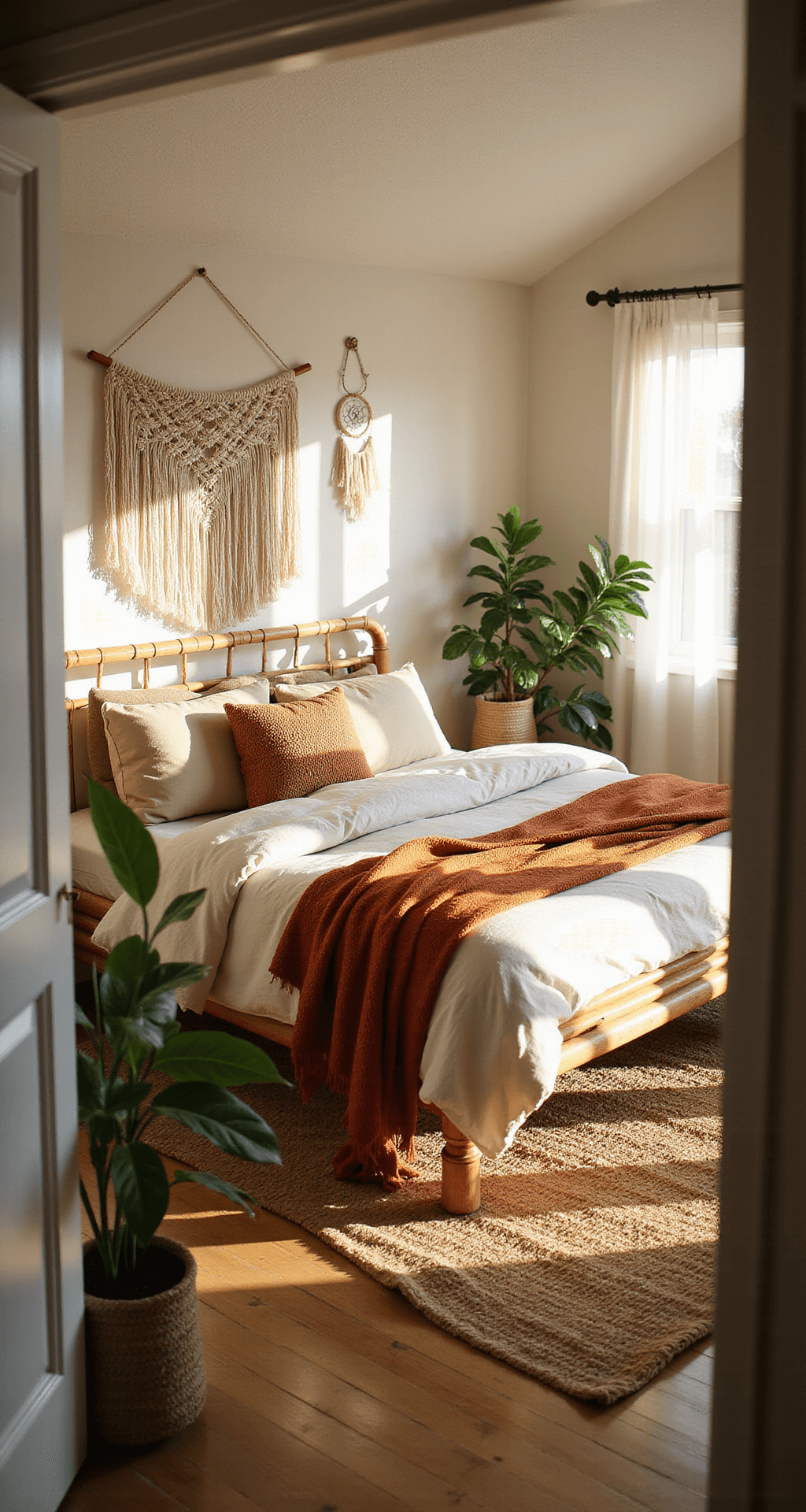 A sun-drenched teenage bedroom with vaulted ceilings, featuring a rattan platform bed adorned with ivory linen and terracotta throw blankets, macramé wall hangings, and potted plants, captured during golden hour with natural light streaming through gauzy curtains.