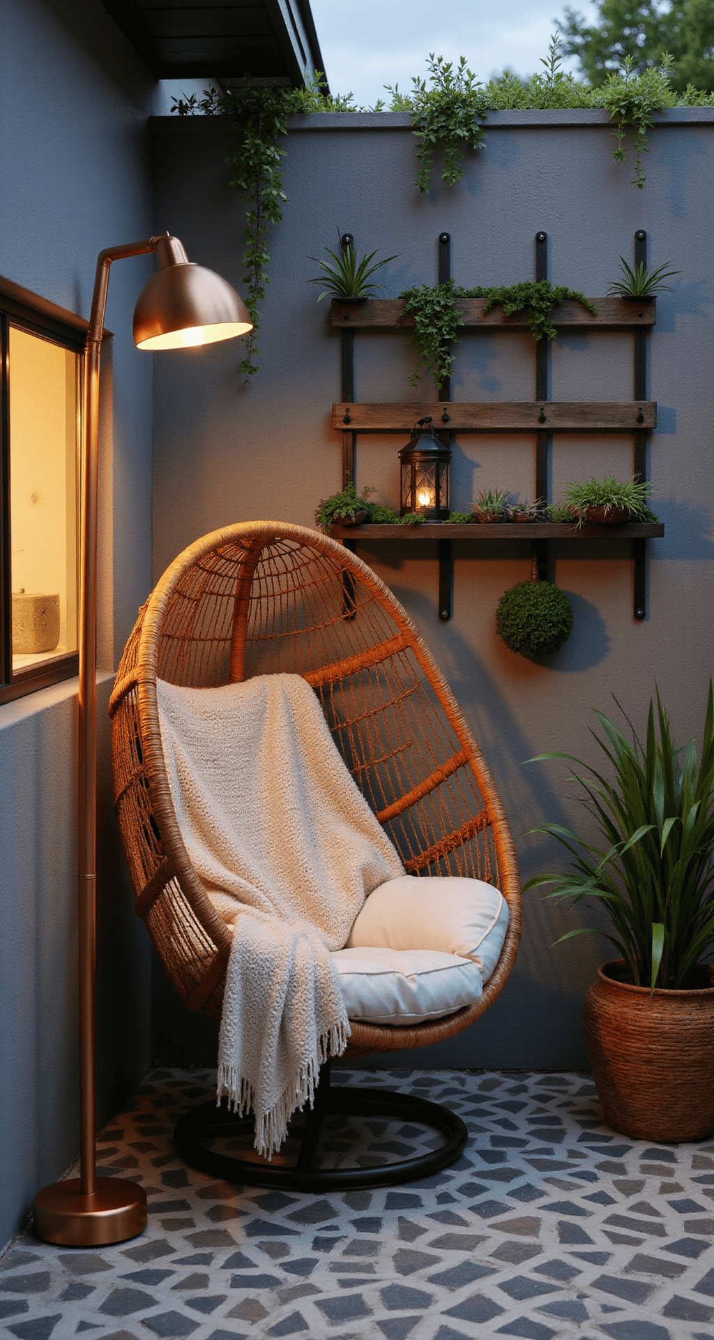 Cozy townhouse patio at dusk, featuring a suspended rattan egg chair draped in a cream throw, ambient lighting from a slim copper floor lamp, geometric gray and white cement tiles, a living wall with air plants and moss art, and a steel and wood ladder shelf displaying lanterns and succulents.