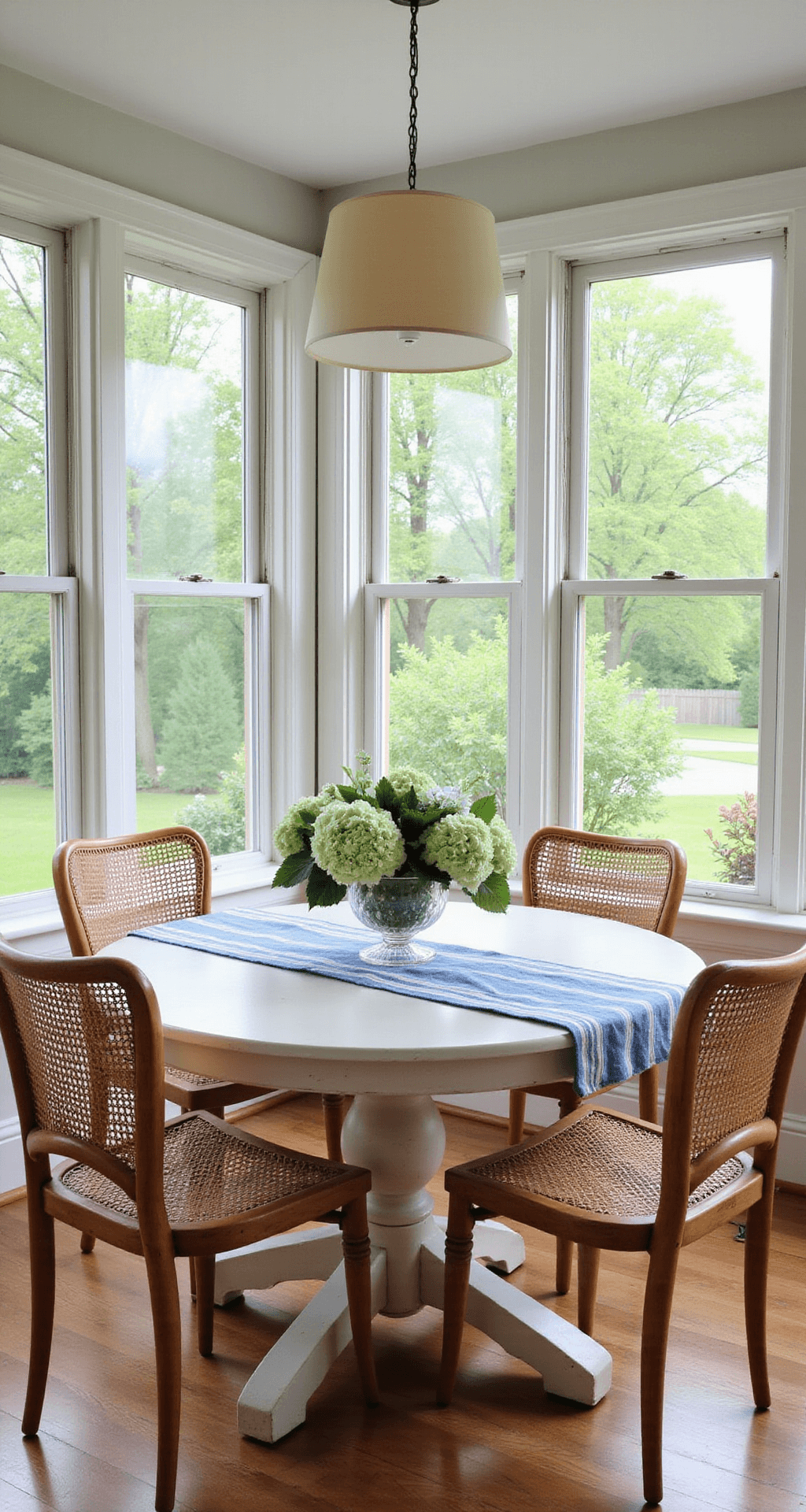 Intimate breakfast nook in a three-season room with panoramic garden views, featuring a round whitewashed oak table with rattan chairs and ivory cushions, vintage pendant light above, blue and white striped runner, and fresh hydrangeas in a crystal vase, softly illuminated by morning light.