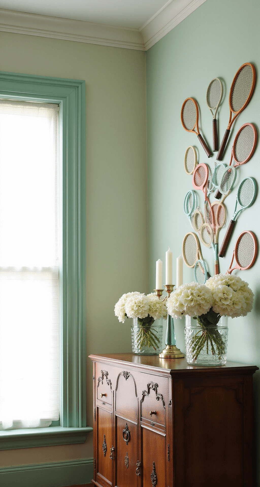 A vibrant Victorian parlor transformed for summer, featuring mint-colored walls, geometric gallery wall of painted vintage tennis rackets, mahogany sideboard with crystal hurricane lamps and floating candles, and white hydrangeas in mercury glass vases, captured in mid-morning light from a corner angle.