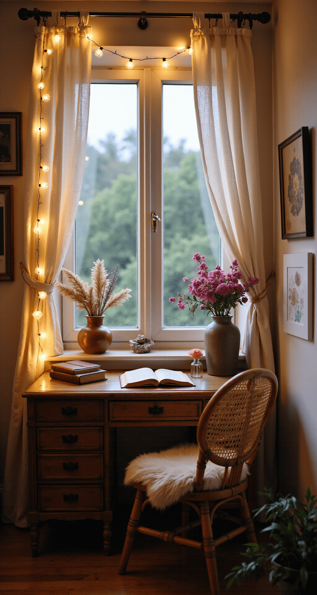 Intimate boho teen study nook at dusk featuring a vintage wooden desk under a cream muslin curtain, adorned with fairy lights, crystals, dried flowers, and leather-bound journals; a rattan peacock chair with a sheepskin throw, warm amber and dusty rose tones, low aperture focus on desk details, and dreamy bokeh effect.