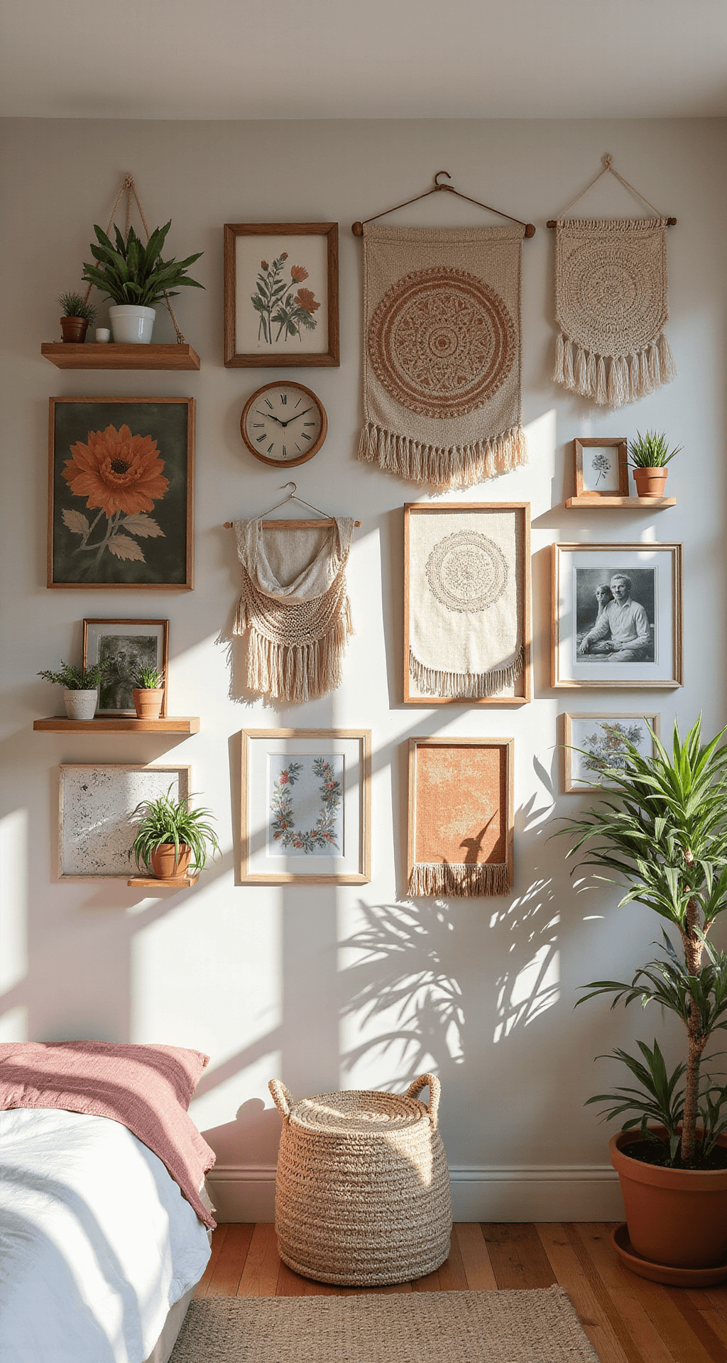 Wide-angle view of a boho teen bedroom's gallery wall with vintage frames, pressed flowers, tapestries, and personal photos bathed in morning light, showcasing symmetry and texture in a color palette of blush pink, ivory, rust, and sage.
