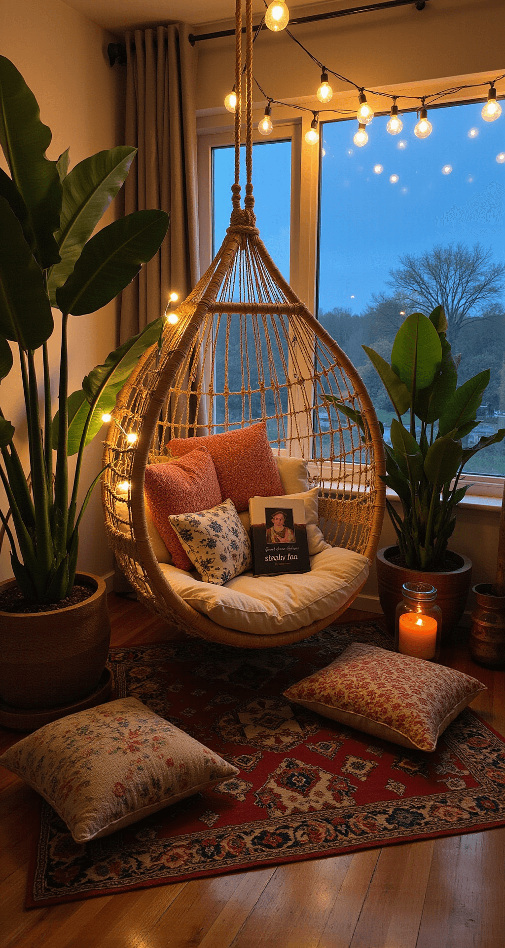 Cozy reading corner during blue hour featuring a low-slung rattan chair under a macramé canopy, surrounded by fiddle leaf fig and snake plants, with Moroccan floor cushions on layered vintage rugs, warm LED string lights, and a salt lamp, all in an earth-toned palette with jewel-toned accents.