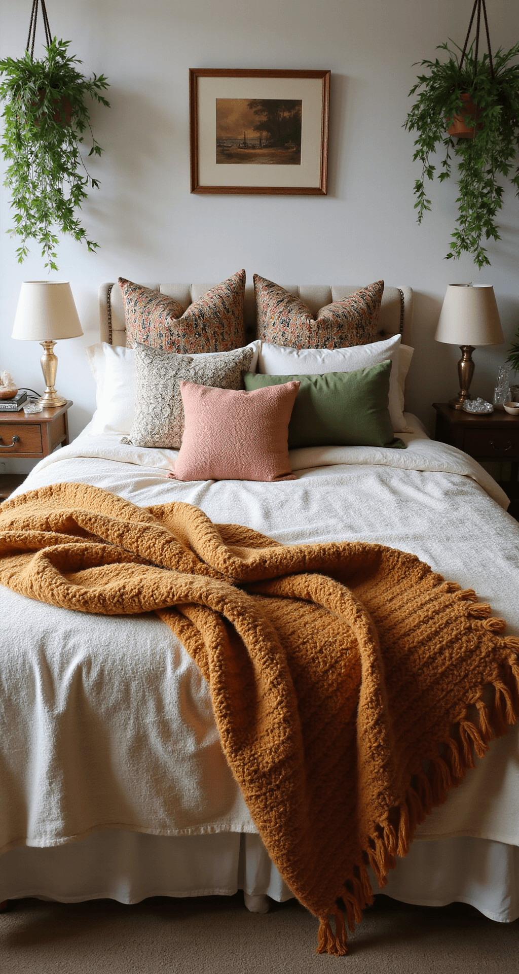 Detail shot of a boho-style queen-sized platform bed adorned with layered mudcloth pillows, chunky knit throws, and embroidered coverlets, featuring hanging plants, brass lamps, and crystal collections on bedside tables, illuminated by soft natural light in cream, terracotta, mustard, and olive green hues.