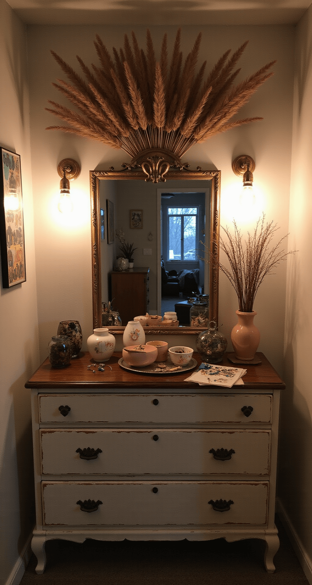A cozy boho vanity area featuring an antique mirror with dried pampas grass, vintage dresser adorned with ceramic vessels and jewelry, and warm pendant lights, all captured in moody lighting with a color palette of white, brass, dusty pink, and deep verde.