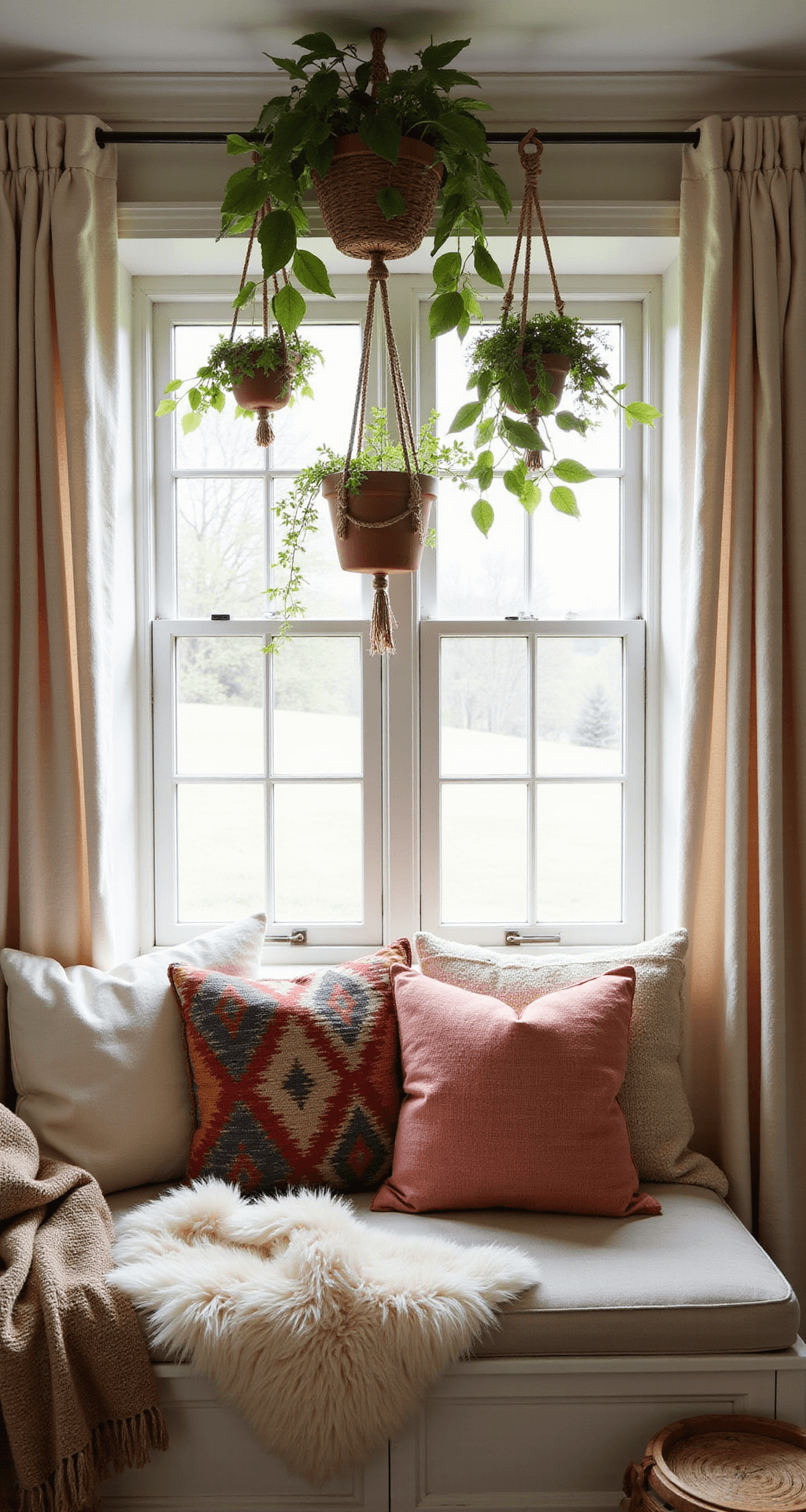A cozy boho bedroom nook bathed in morning light, featuring a window seat adorned with kilim pillows and sheepskin throws, surrounded by billowing linen curtains and cascading macramé plant hangers, showcasing a warm color palette of whites, beiges, sage, and coral.