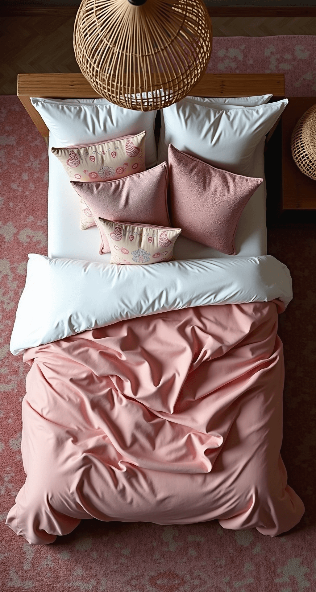 Aerial view of a queen bed styled in maximalist boho fashion, featuring layered textiles like a white linen base, pink silk quilt, shibori throw, and embroidered pillows, surrounded by vintage rugs in pink tones, with a rattan pendant casting shadows in natural morning light.