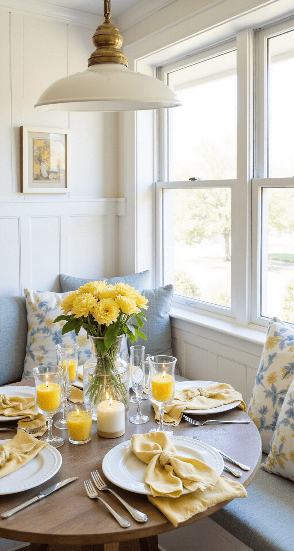Bright kitchen nook featuring a built-in window seat with early morning light illuminating a table arrangement of Dollar Store glass hurricanes, filled with lemons and floating candles, against a white beadboard backdrop with yellow and blue table settings.