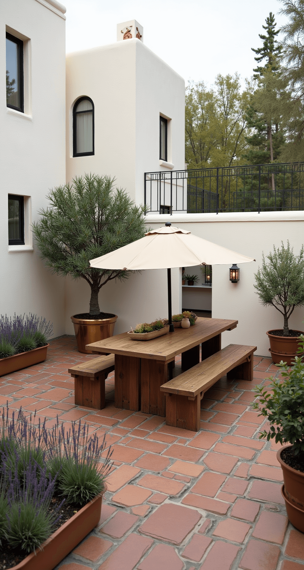 A wide-angle view of a Mediterranean-inspired courtyard patio from a second-story perspective, featuring whitewashed stucco walls, terracotta pavers, a central olive tree in a brass planter, lavender beds, a teak dining set for six with a natural canvas umbrella, and ambient Moroccan lanterns and copper string lights.