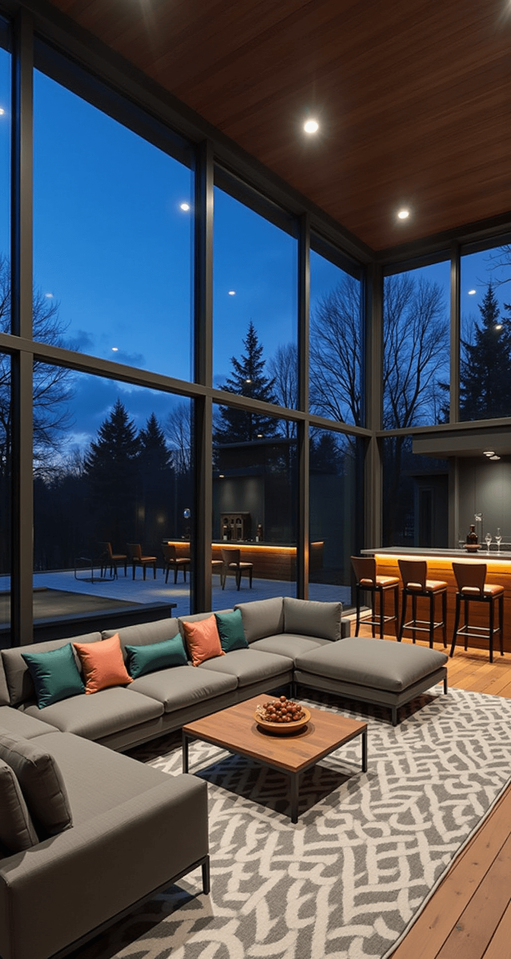 Contemporary three-season room at dusk with charcoal aluminum framing and expansive windows, featuring a slate sectional with copper and emerald pillows, a floating walnut bar with leather stools, and a geometric grey/ivory area rug, illuminated by mixed twilight and warm interior lights.