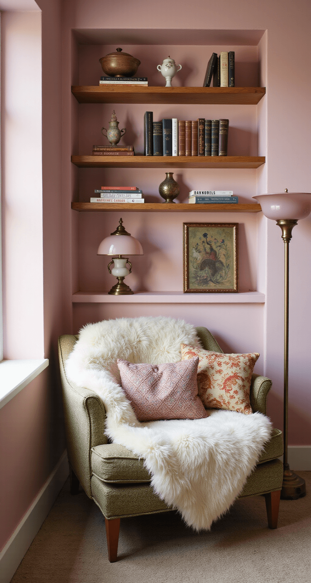A cozy reading nook with a blush pink accent wall, floating wooden shelves displaying vintage books and ceramics, an oversized peacock chair adorned with a sheepskin throw and embroidered cushions, and a floor lamp with a pink glass shade, all illuminated by soft morning light.