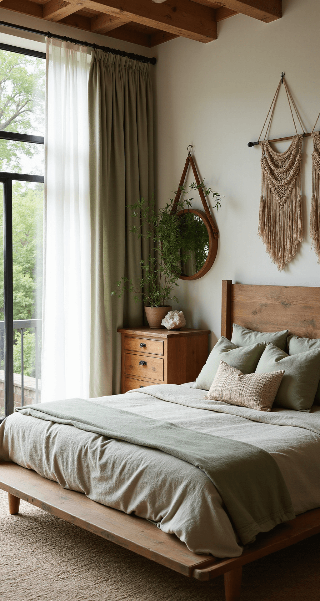 Bright morning image of a master suite featuring floor-to-ceiling windows with sheer sage curtains, an organic linen California king bed, cascading plants in macramé hangers, massive crystals, a vintage apothecary cabinet, and handwoven wall hangings, emphasizing natural elements and the connection between indoor and outdoor spaces.