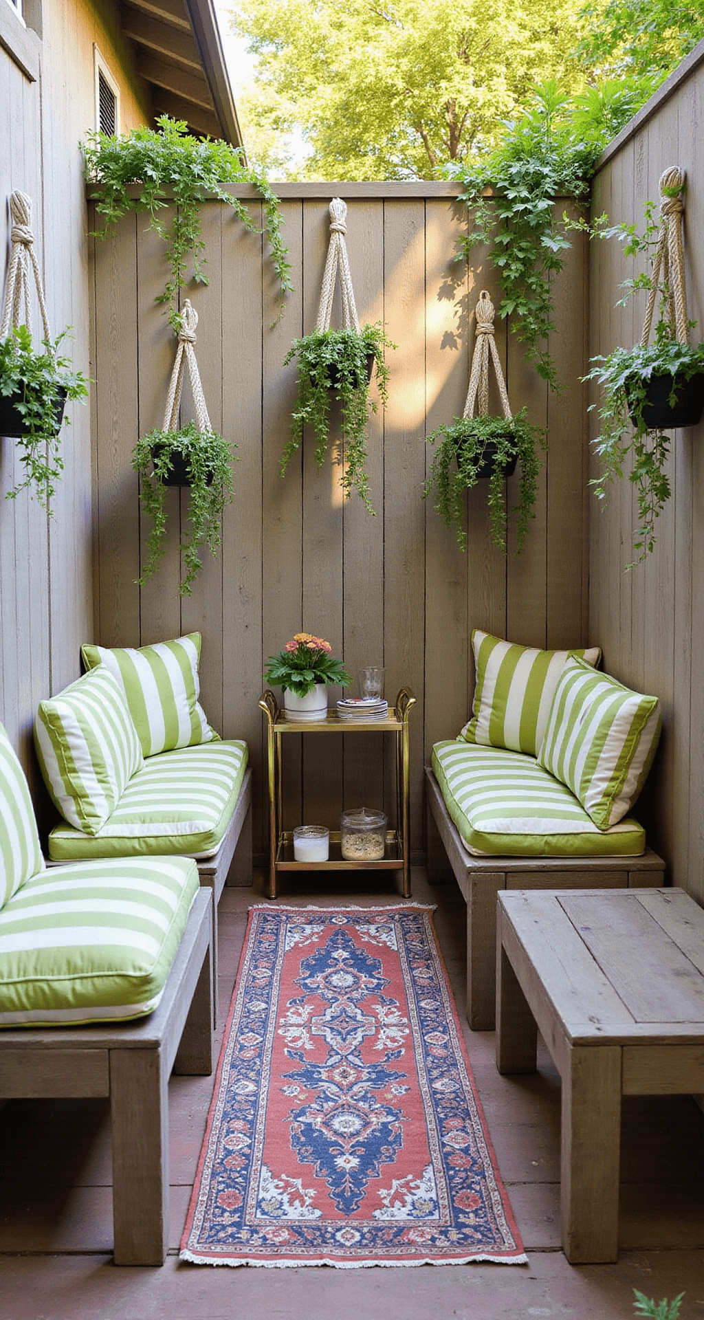 Narrow side patio with custom cedar benches and striped cushions, featuring hanging macramé planters with trailing plants. A brass console bar cart serves as a buffet next to a vintage Persian runner, all illuminated by warm golden hour light.
