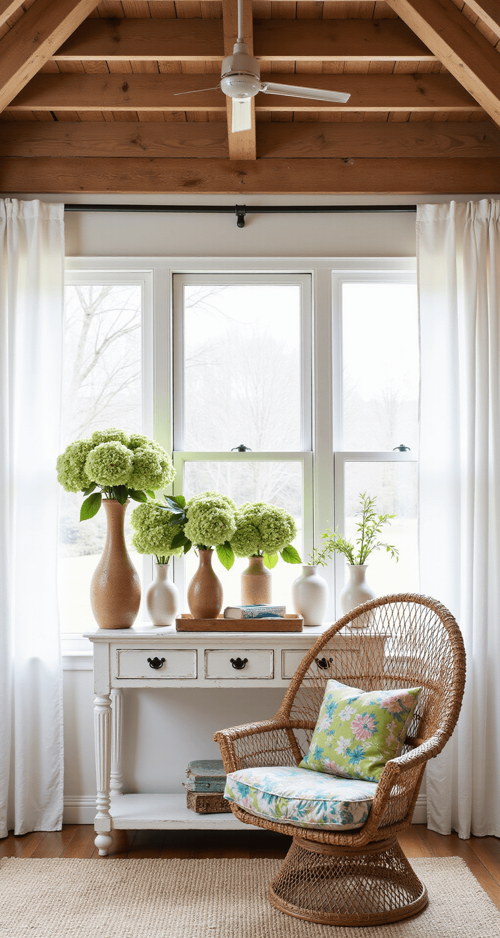 A bright sunroom featuring exposed wooden beams and sheer white curtains, showcasing a multi-level hydrangea arrangement in vintage vases on a whitewashed console, with a rattan peacock chair adorned in tropical print cushions, captured from a low angle to highlight the airy atmosphere.