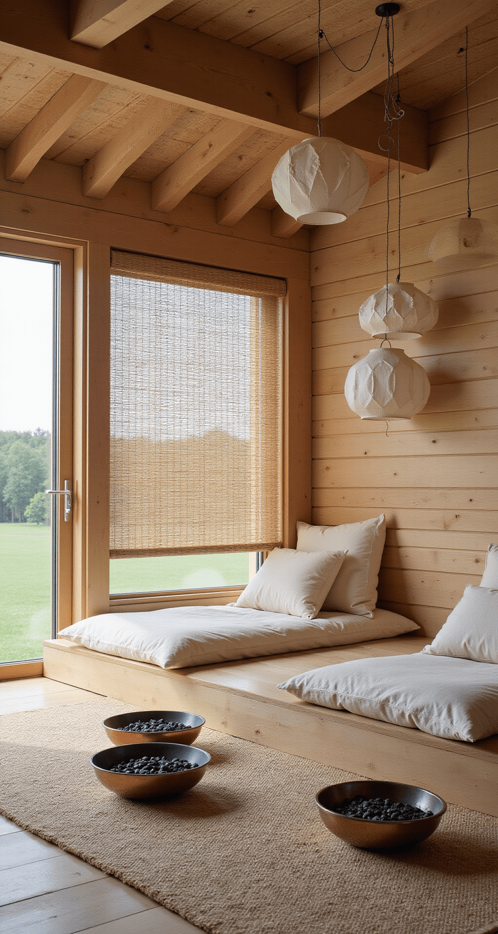 A serene Zen-inspired retreat featuring a 14x16 foot three-season sanctuary with natural bamboo roll-up shades, bleached teak platform seating layered with cream cushions, and a sand-colored sisal rug. Shallow copper bowls filled with black river stones complement the space, adorned with minimalist paper lanterns hanging at varying heights. The shot is taken at eye level, highlighting the horizontal lines and soft, diffused natural lighting.