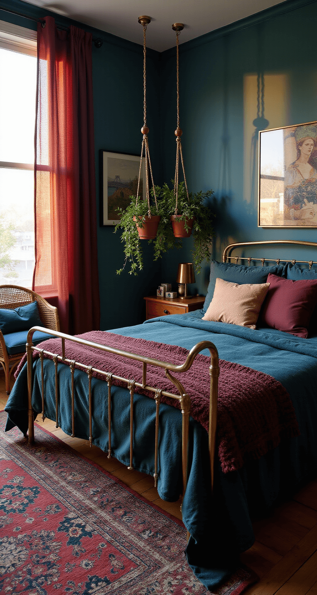 A cozy 14x16ft bedroom at golden hour, featuring teal walls, a brass-framed queen bed adorned with luxurious blankets, a vintage Persian rug, a rattan peacock chair with mudcloth pillows, and cascading hanging plants, all illuminated by warm sunset light.