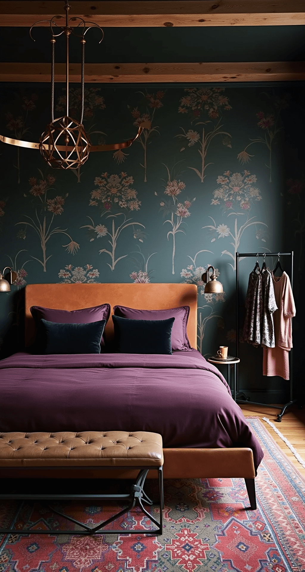 Master bedroom at dusk featuring a charcoal black exposed beam ceiling, a dark floral statement wall, a platform bed with aubergine linen and black velvet pillows, intricate shadows from brass pendants, layered vintage kilim rugs, and a black metal clothing rack with curated wardrobe pieces.