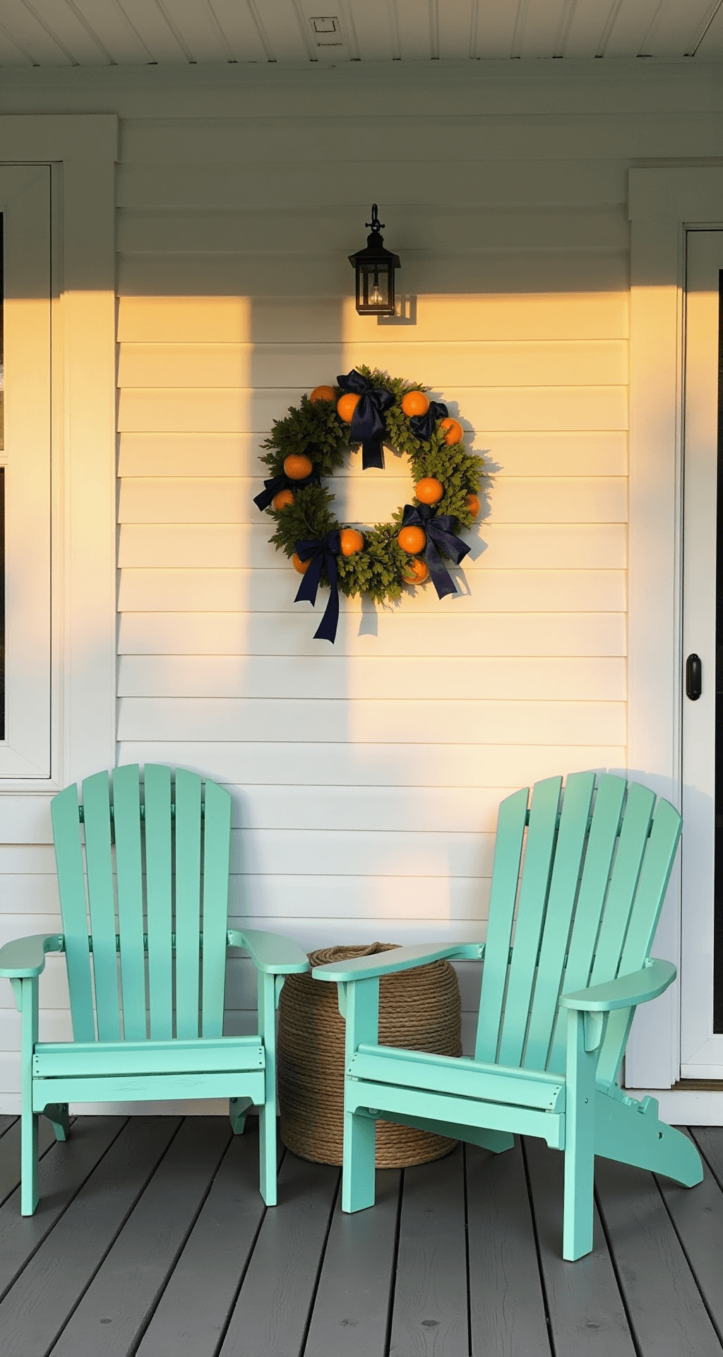 A covered porch at golden hour features seafoam green Adirondack chairs around a nautical rope-wrapped side table, with a handcrafted summer wreath of citrus elements and navy ribbons on a white shiplap wall, shot straight on to highlight symmetry.