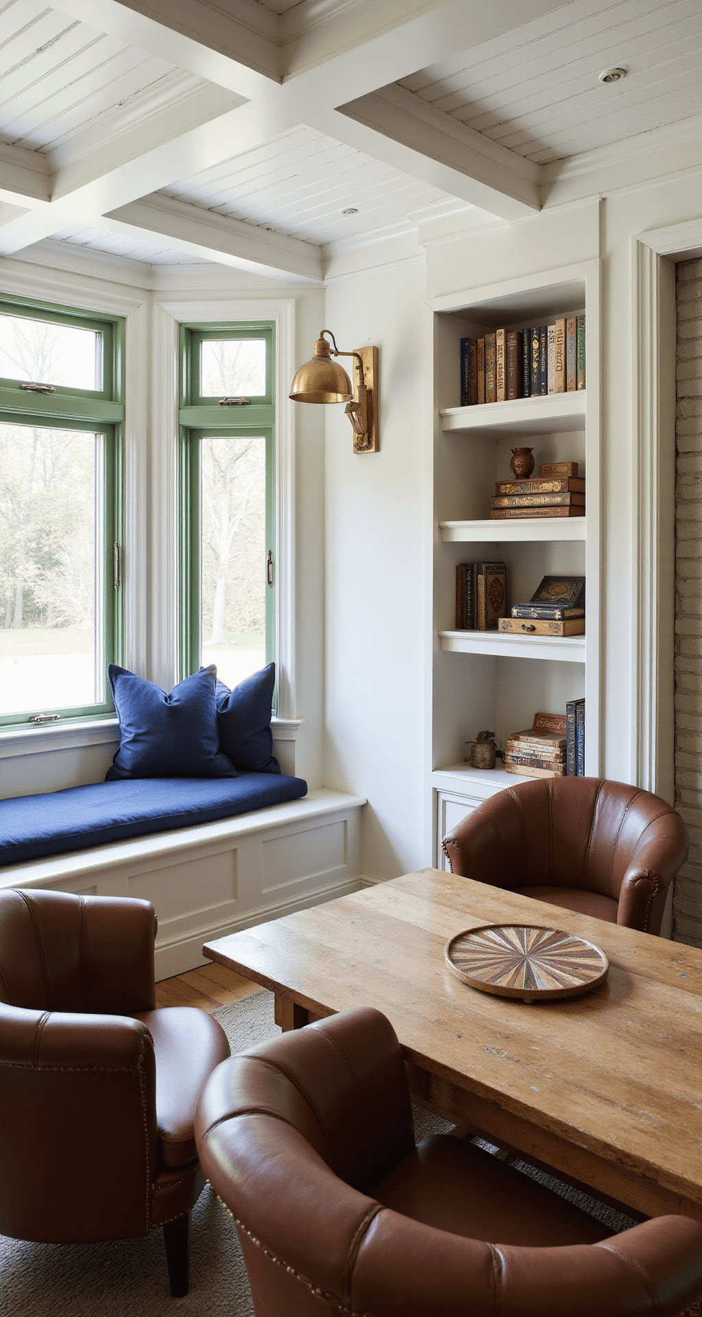 A cozy family game room featuring a white-beamed ceiling, sage green window frames, oversized leather armchairs, and a rustic wooden game table, with built-in window seats adorned with navy cushions and brass reading lamps. Vintage board games are displayed on floating shelves, all bathed in even natural lighting for a warm, playful atmosphere.