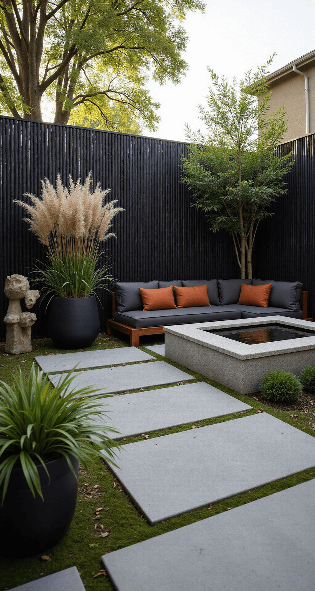Modern zen patio featuring black bamboo screens and minimal concrete pavers with moss joints, low-profile teak seating with charcoal cushions and rust pillows, a stone water feature, and architectural grasses in black planters, all captured in soft morning light.