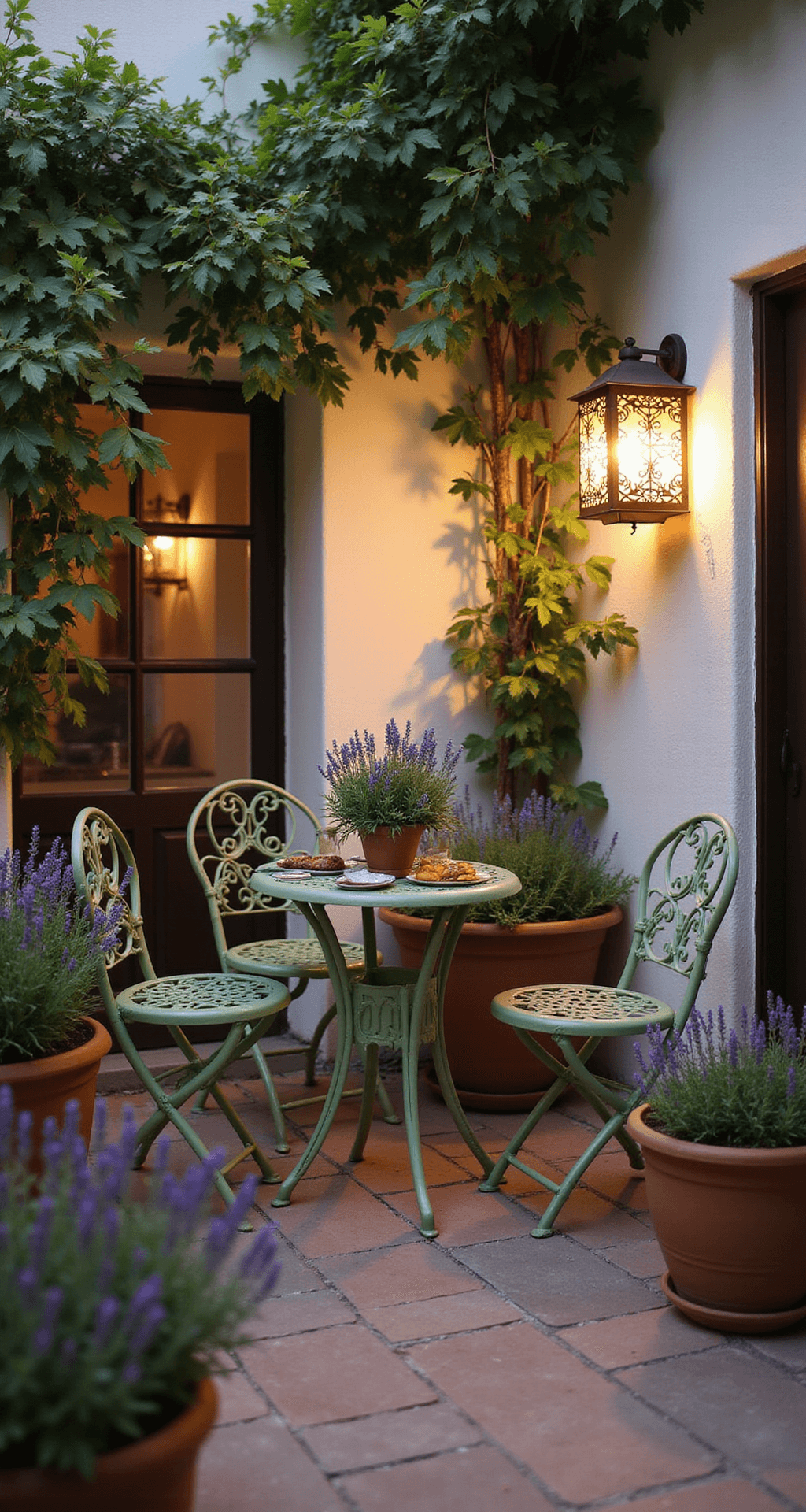 Intimate Mediterranean-style courtyard patio at dusk featuring a sage green wrought iron bistro set, terracotta pots with lavender and rosemary, whitewashed stucco walls with climbing jasmine, and intricate shadows from Moroccan lanterns.