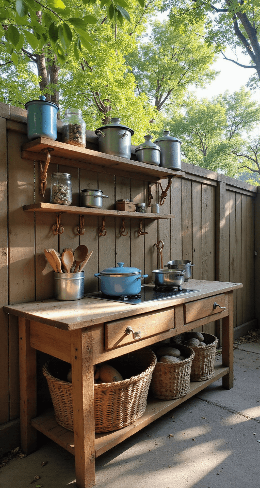A rustic outdoor mud kitchen setup featuring a handcrafted L-shaped wooden counter, vintage enamel pots, and hanging metal colanders, with natural light filtering through leafy trees, creating a warm, inviting atmosphere.