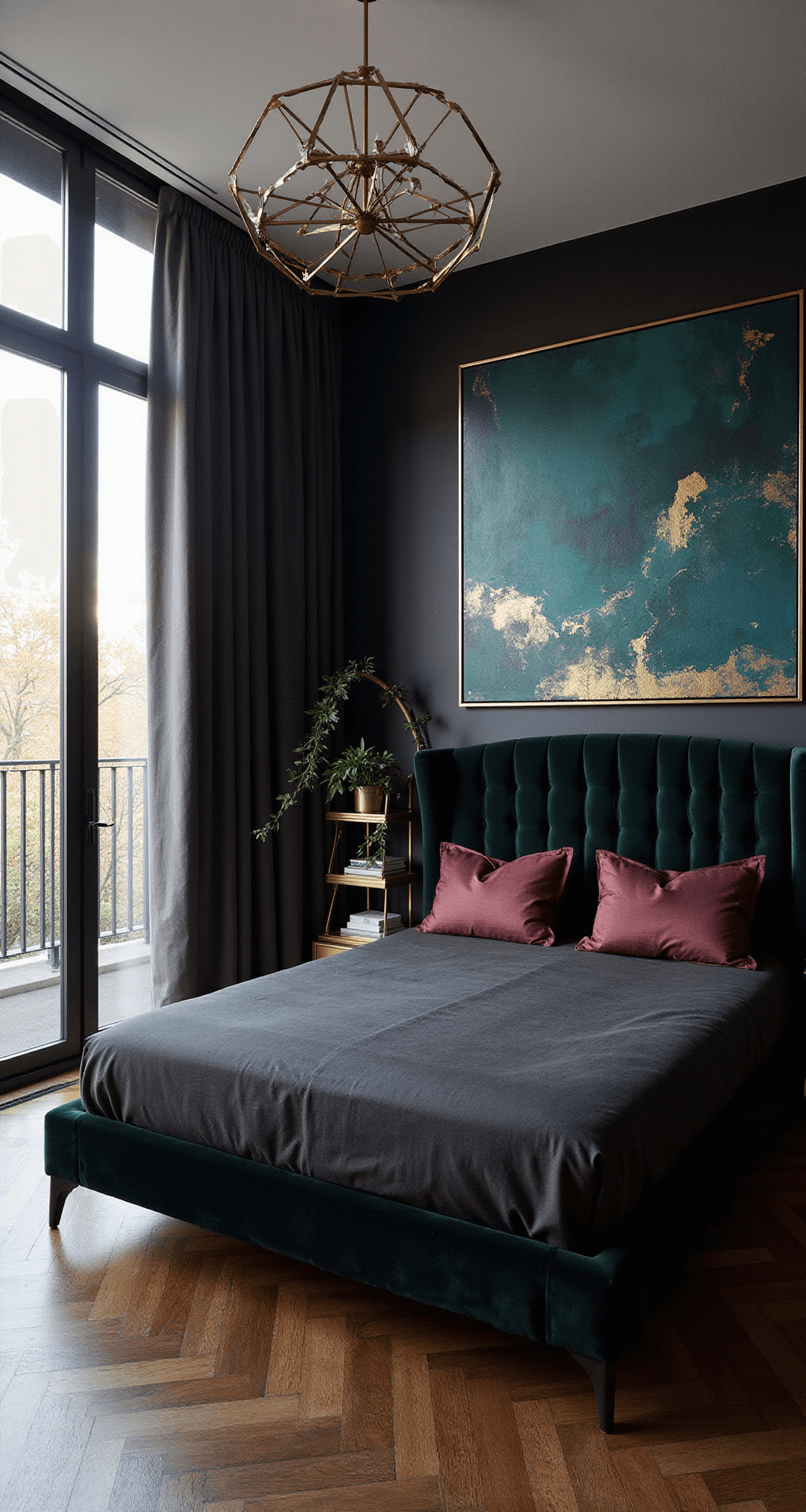 A wide-angle view of a luxurious bedroom featuring dark walnut herringbone floors, floor-to-ceiling windows with black sheers, a queen bed with a black velvet tufted headboard, charcoal linen bedding, and burgundy silk pillows. An oversized abstract art piece in deep teals and golds hangs on the wall, while a brass étagère displays curated objects and trailing plants. A modern chandelier creates geometric shadows, highlighting the room's architectural details and high-end materials during the morning blue hour.