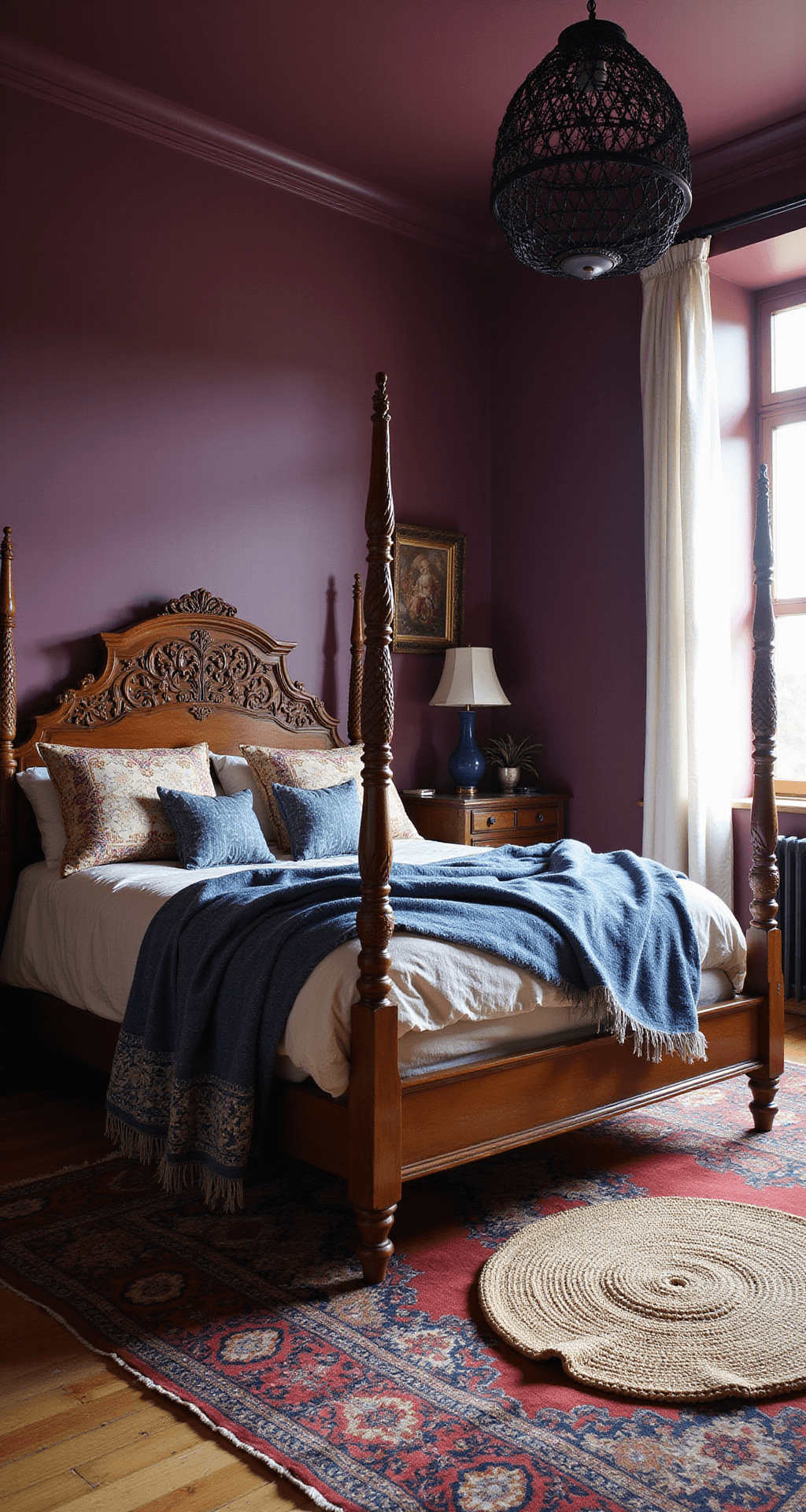 Bird's eye view of a 15x18ft bedroom with deep aubergine walls, featuring a carved wooden four-poster bed draped with layered textiles, including indigo throws and embroidered pillows. A round jute rug is laid over an antique Persian carpet, and a black rattan pendant hangs above, casting intricate patterns through gauzy curtains.