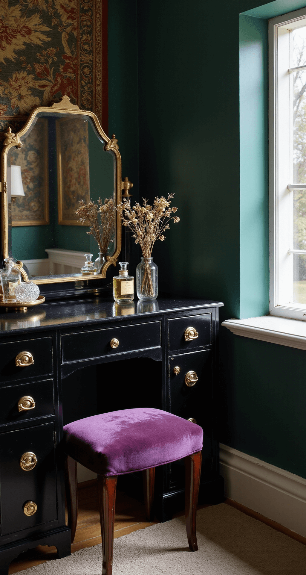 Detail-focused image of an Art Deco-inspired black lacquered vanity against dark emerald walls, surrounded by crystal perfume bottles and dried flowers, reflected in a vintage brass mirror. A deep purple velvet-upholstered stool complements the scene, with an antique tapestry providing a rich backdrop, all illuminated by soft morning light.