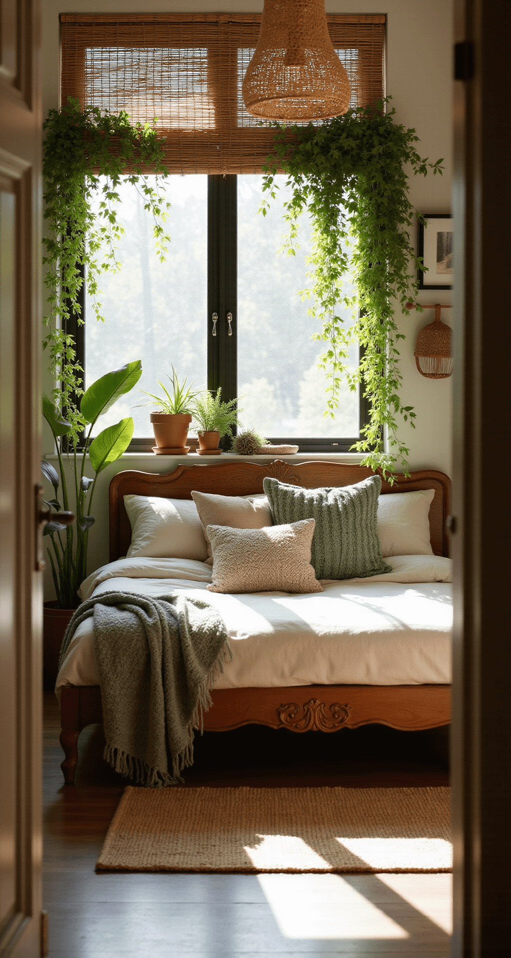 Intimate boho sleeping nook with a carved wooden bed, layered cream and sage bedding, and hanging plants, bathed in warm morning light through bamboo blinds.