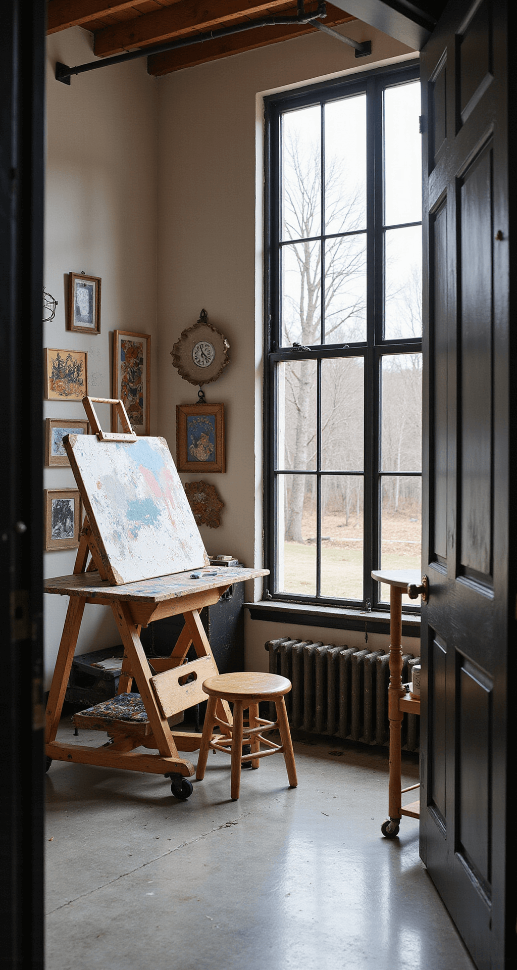 An artist's studio conversion featuring industrial black window frames and polished concrete floors, showcasing a large easel for northern light exposure, a paint-splattered workbench, and a gallery wall with clipboard artwork. A rolling cart with art supplies and a vintage drafting stool complete the creative workspace, all illuminated by natural diffused lighting.