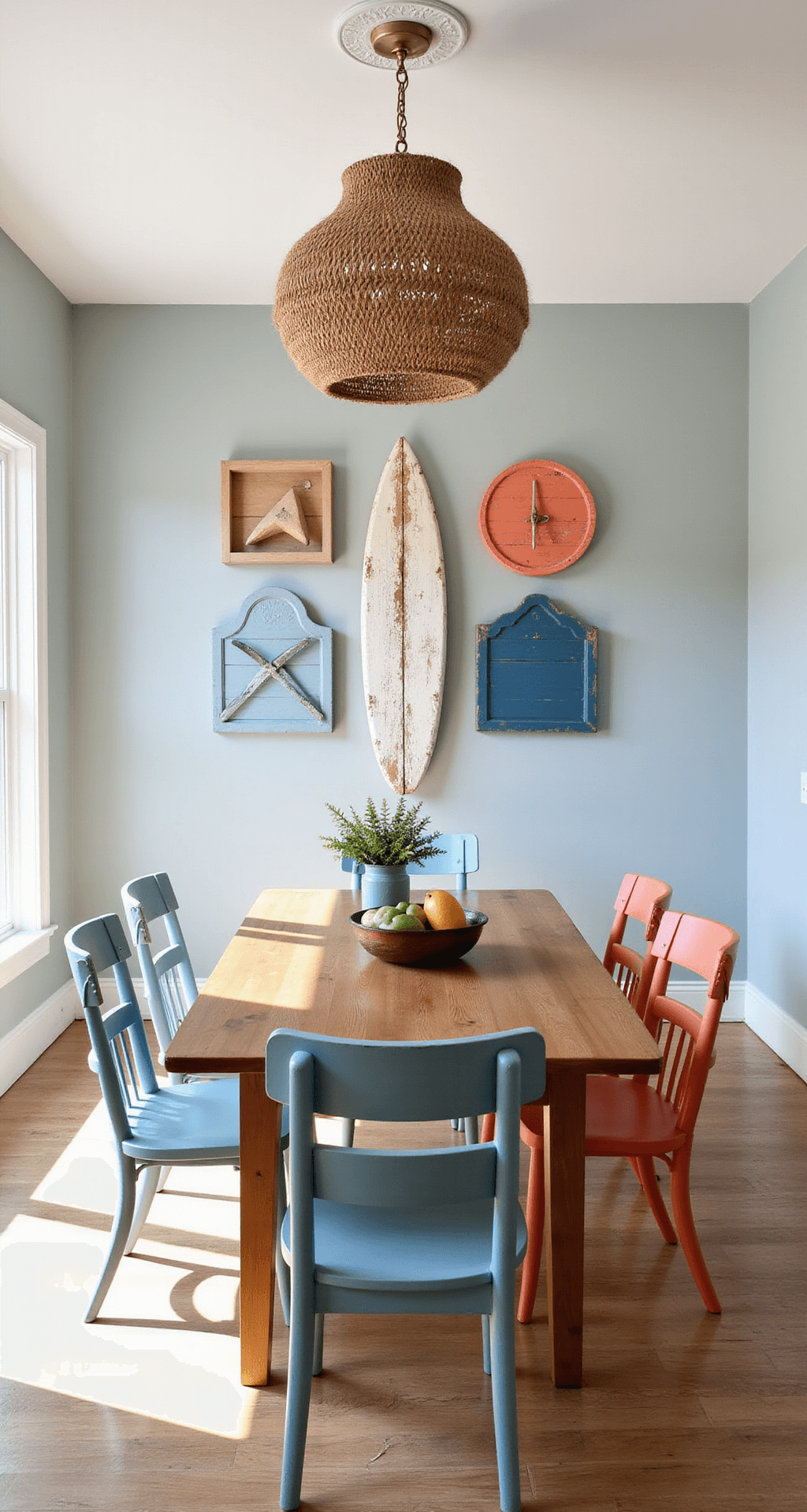 A contemporary beach house dining room featuring a statement wall adorned with painted outdoor furniture pieces in ocean blues and coral tones, complemented by a distressed surfboard as wall art. A jute chandelier casts intricate shadows in the afternoon light, creating a warm and inviting atmosphere.