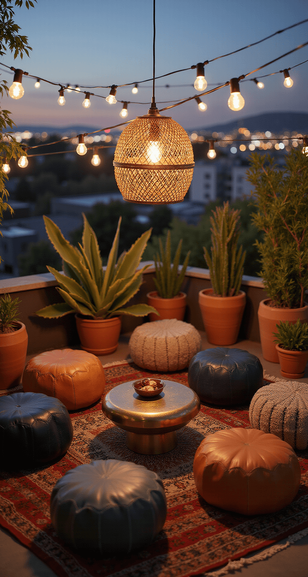 A bohemian rooftop patio at twilight, viewed from a drone perspective, featuring cognac and navy Moroccan leather poufs around a hammered brass coffee table, layered vintage kilim rugs, a glowing rattan pendant lamp, terra cotta pots with desert plants and succulents, and city lights bokeh in the background.