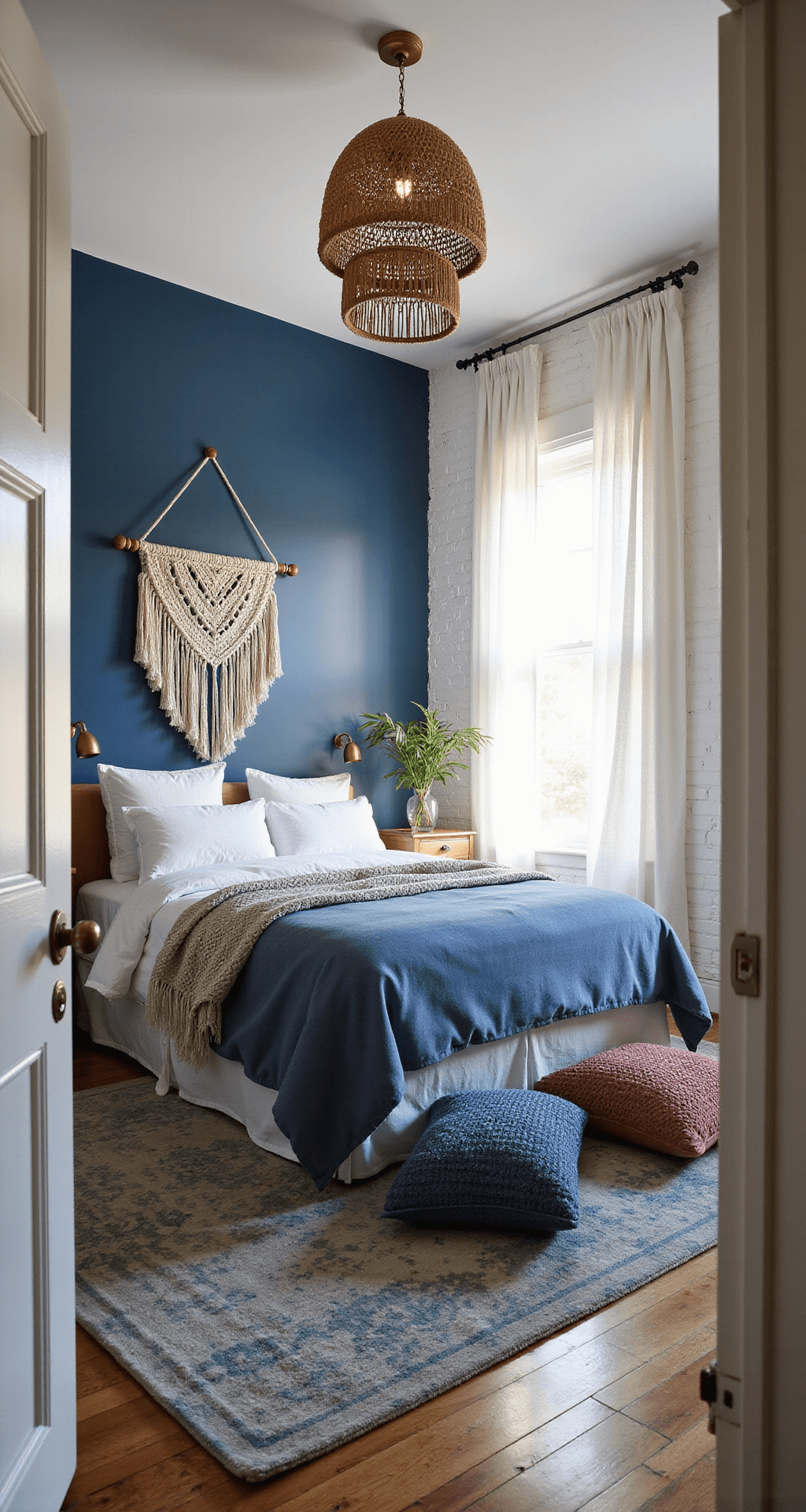 A sunlit bohemian bedroom featuring a king-sized bed with chambray and white linens, an azure accent wall, macramé hanging, rattan pendant lights, a faded indigo Persian rug, and cozy blue velvet floor pillows, captured during golden hour.