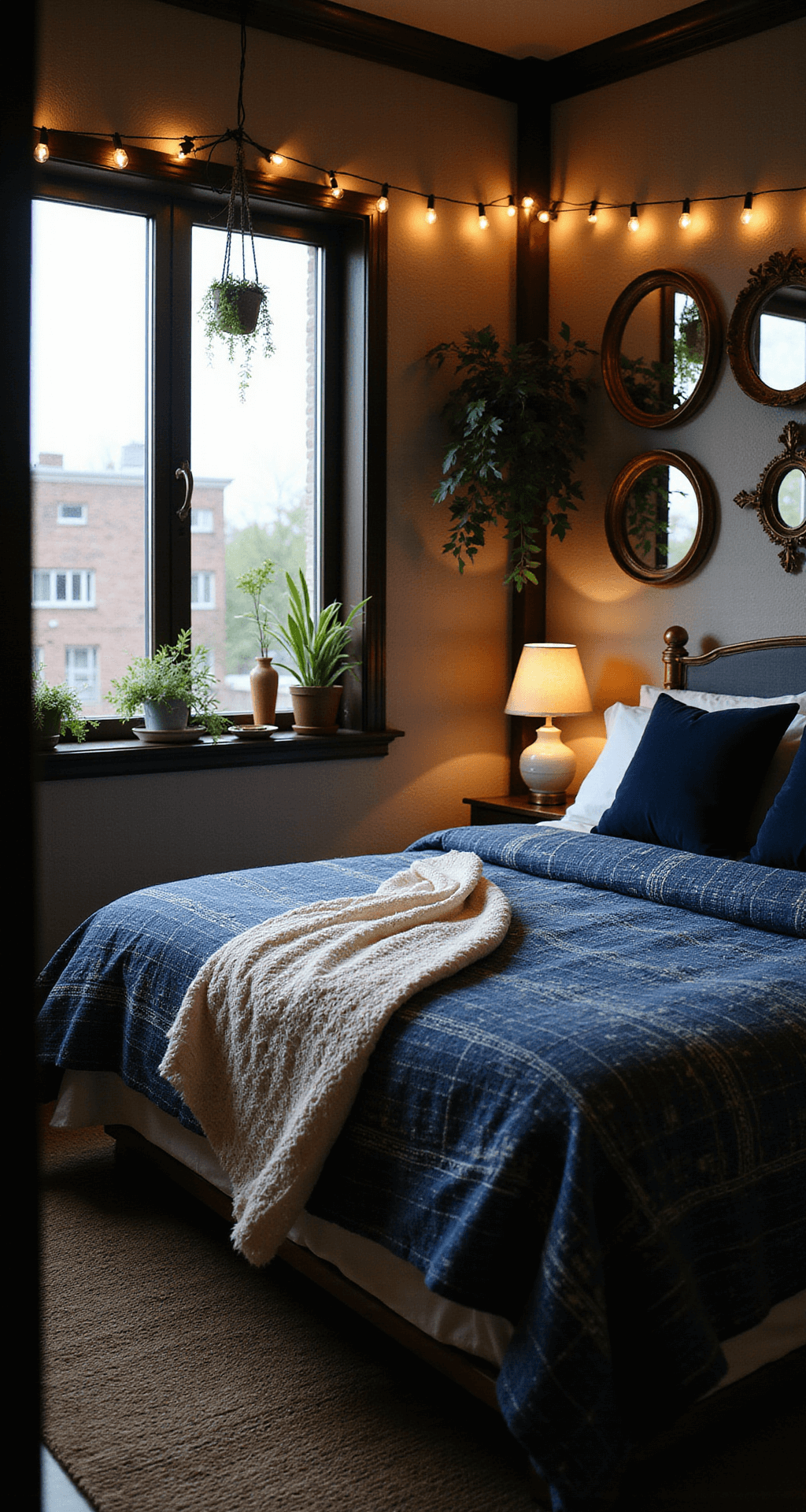 Low-angle corner shot of a cozy 12x12ft bedroom at dusk, featuring warm moody lighting, an indigo mud cloth duvet on a queen bed, cream chunky knit throws, navy velvet pillows, and hanging plants by the window. A gallery wall of vintage brass-framed mirrors and layered woven jute and sisal rugs enhance the intimate atmosphere.