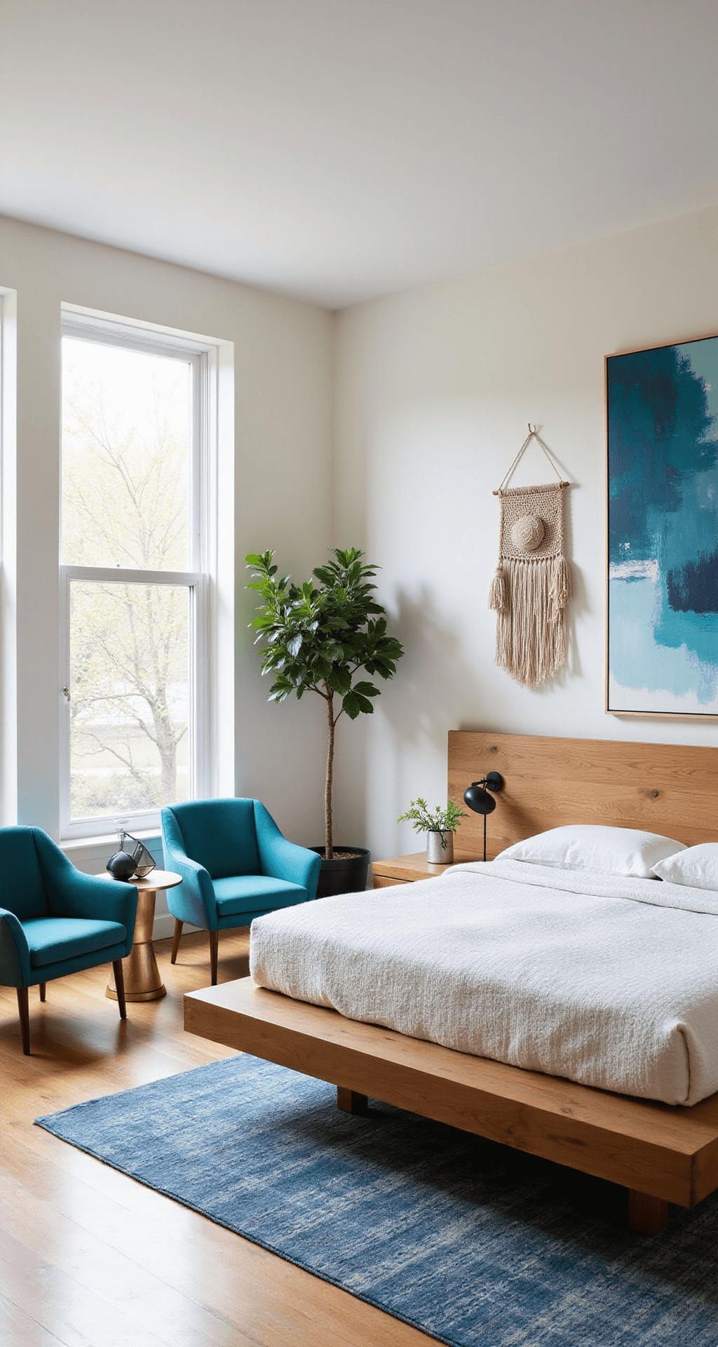 A bright, artistic bohemian main bedroom featuring turquoise accent chairs, brass side tables, and geometric pottery against cream walls, with an oversized abstract art piece over a floating wood bed. A handwoven wall hanging, potted fiddle leaf fig, and vintage overdyed blue rug enhance the layered styling, captured from an elevated position in warm morning light.