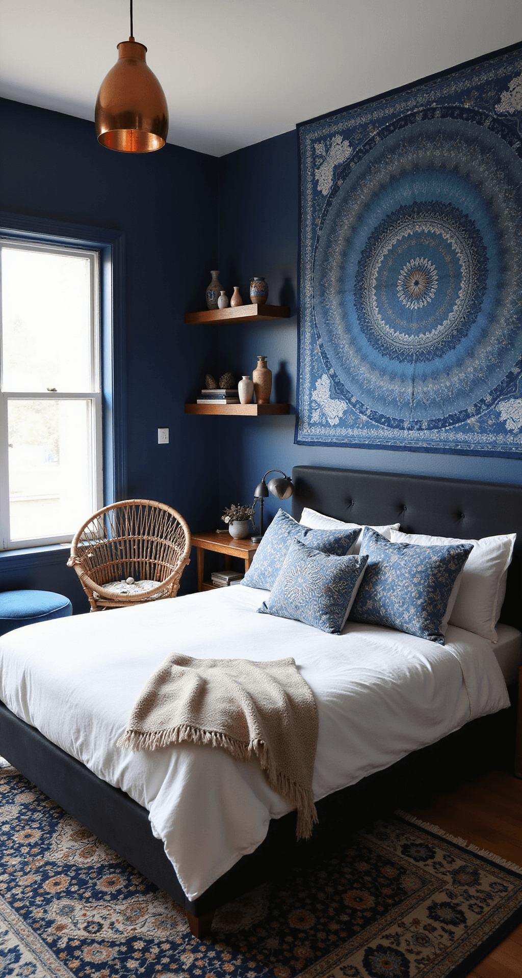 A cozy 15x15ft bedroom in late afternoon light, featuring an indigo-dyed tapestry as a headboard, white linen bedding, celestial print pillows, and a rattan peacock chair with a blue velvet ottoman in a reading nook. Floating shelves display collected ceramics and crystals, while a mandala pattern rug in navy and cream grounds the space, all illuminated by a warm copper pendant.