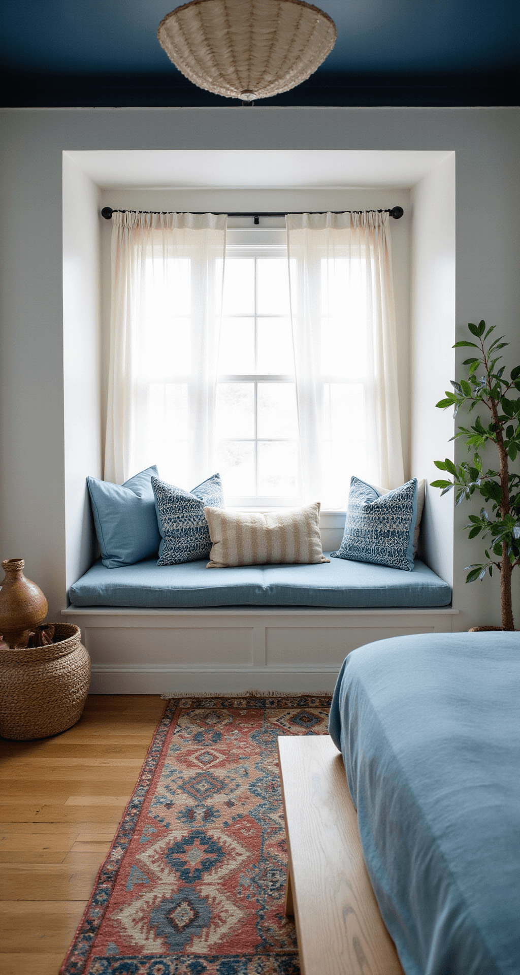 Coastal bohemian bedroom featuring a window seat with blue cushions, white walls, and a navy ceiling, complemented by vintage rugs and pottery.
