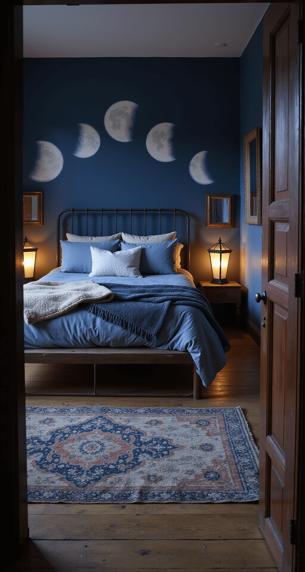 A cozy bedroom at dusk featuring a statement wall with hand-painted indigo moon phases, a platform bed adorned with blue-grey linens and vintage suzani throws, Moroccan lanterns casting intricate shadows, and layered vintage rugs in blue and cream tones, all reflecting warm, mystical lighting from collected mirrors.