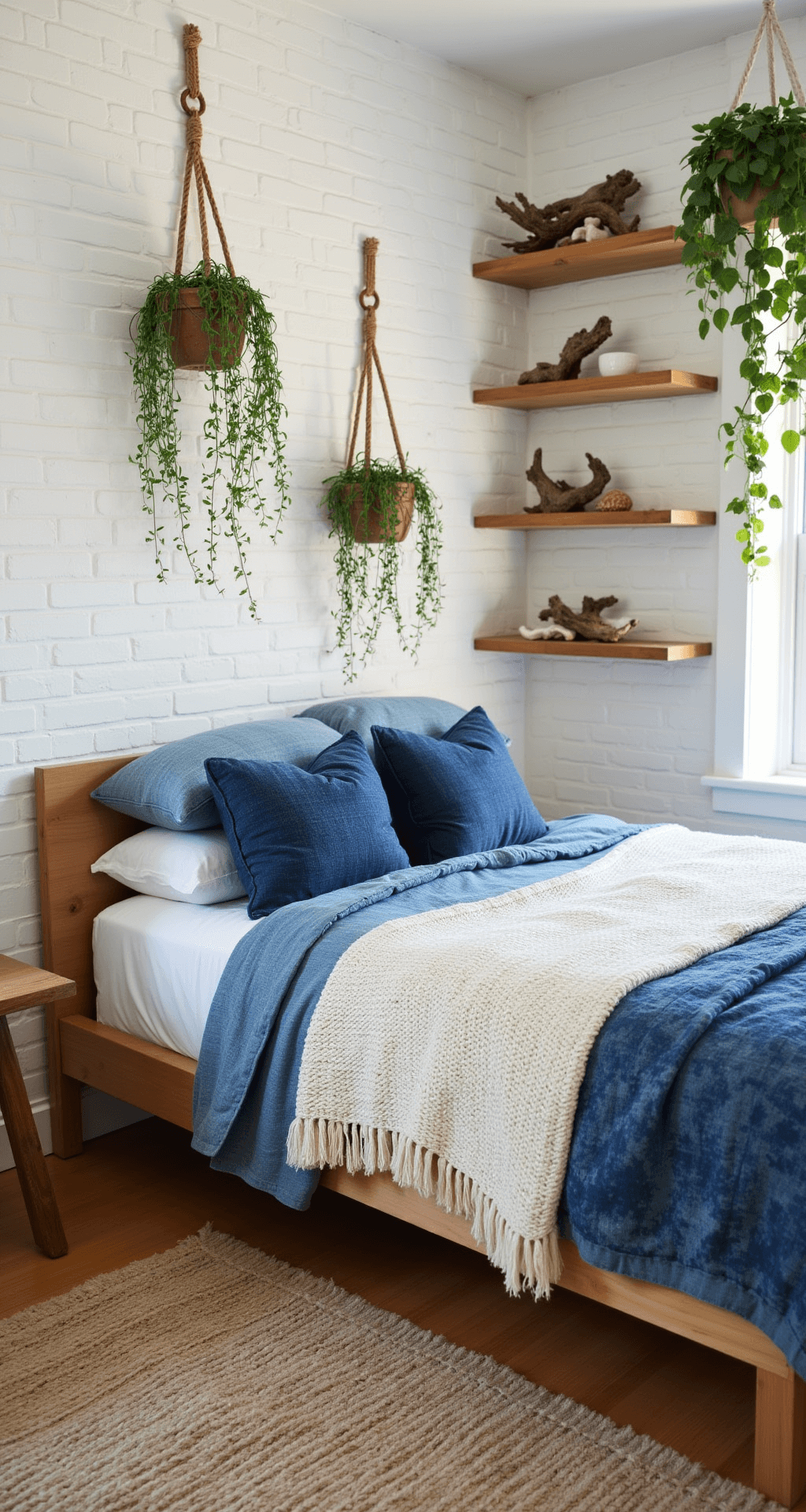 A cozy 12x14ft bedroom with whitewashed brick walls, featuring a maple platform bed adorned in ocean blues, macramé plant hangers, driftwood and shell decor on open shelving, layered indigo shibori and cream knits, and a natural seagrass rug, all captured in soft early morning light from an elevated corner angle.
