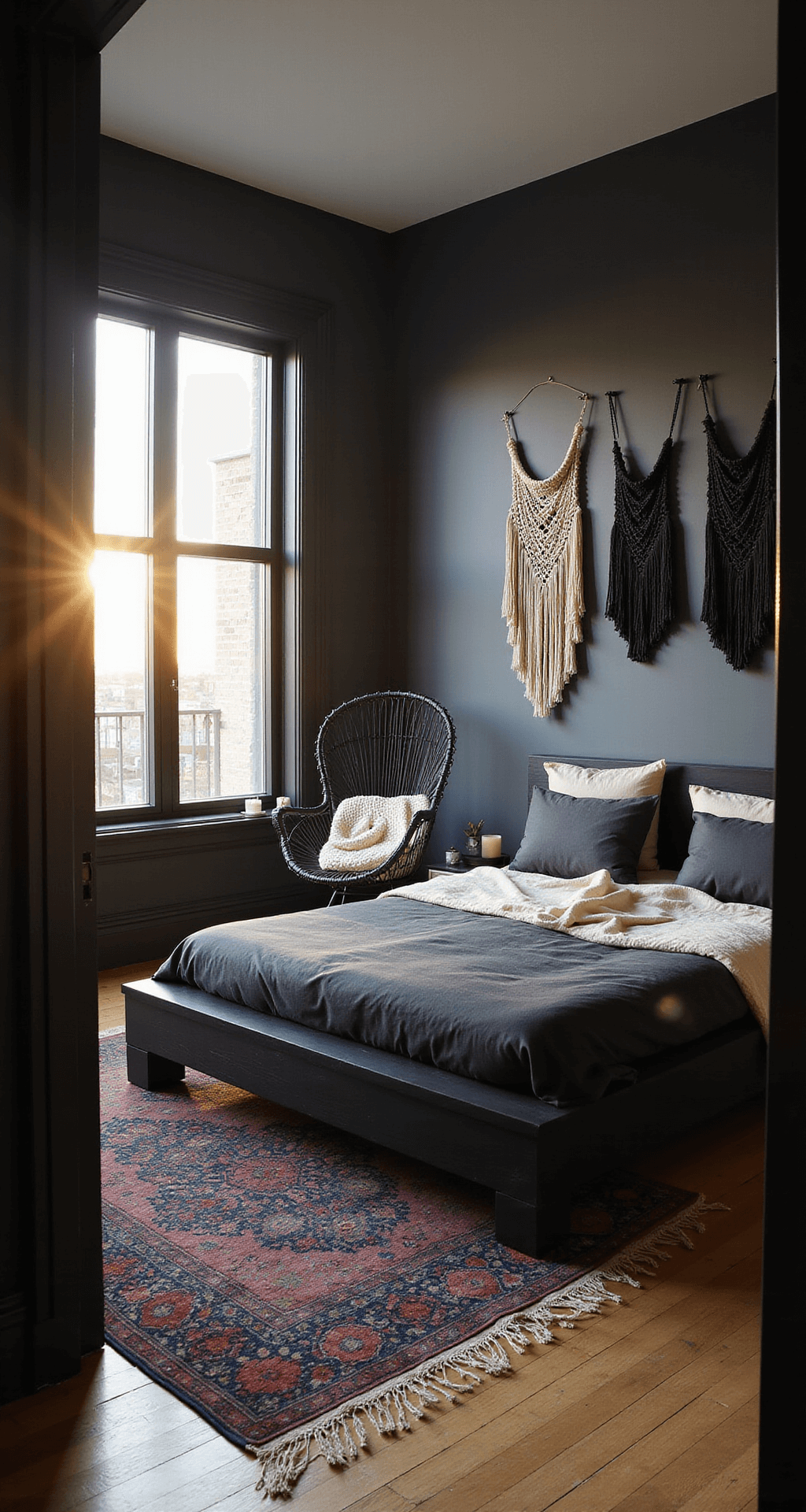 A spacious bedroom with a black wooden platform bed, layered in charcoal linen and cream silk, illuminated by golden hour light through floor-to-ceiling windows. A vintage rattan peacock chair draped with an ivory throw sits in the corner, while macramé wall hangings adorn dark charcoal walls. A Persian rug in deep blues and burgundy grounds the room, captured from a low angle with soft backlighting.