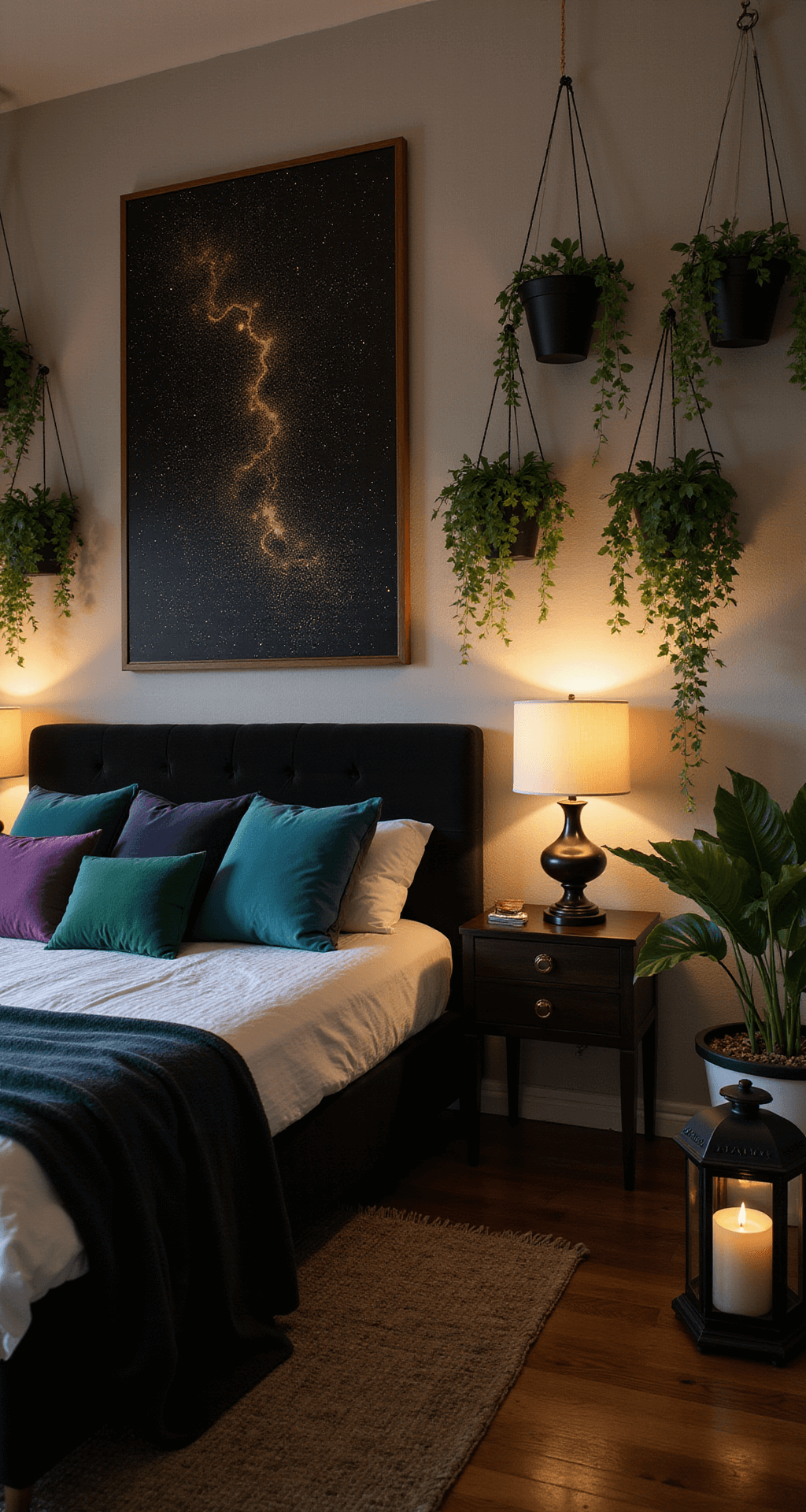 Cozy twilight bedroom with a black velvet bed adorned with jewel-toned pillows, illuminated by brass floor lamps and Moroccan lanterns, featuring celestial artwork on the wall and cascading pothos plants.