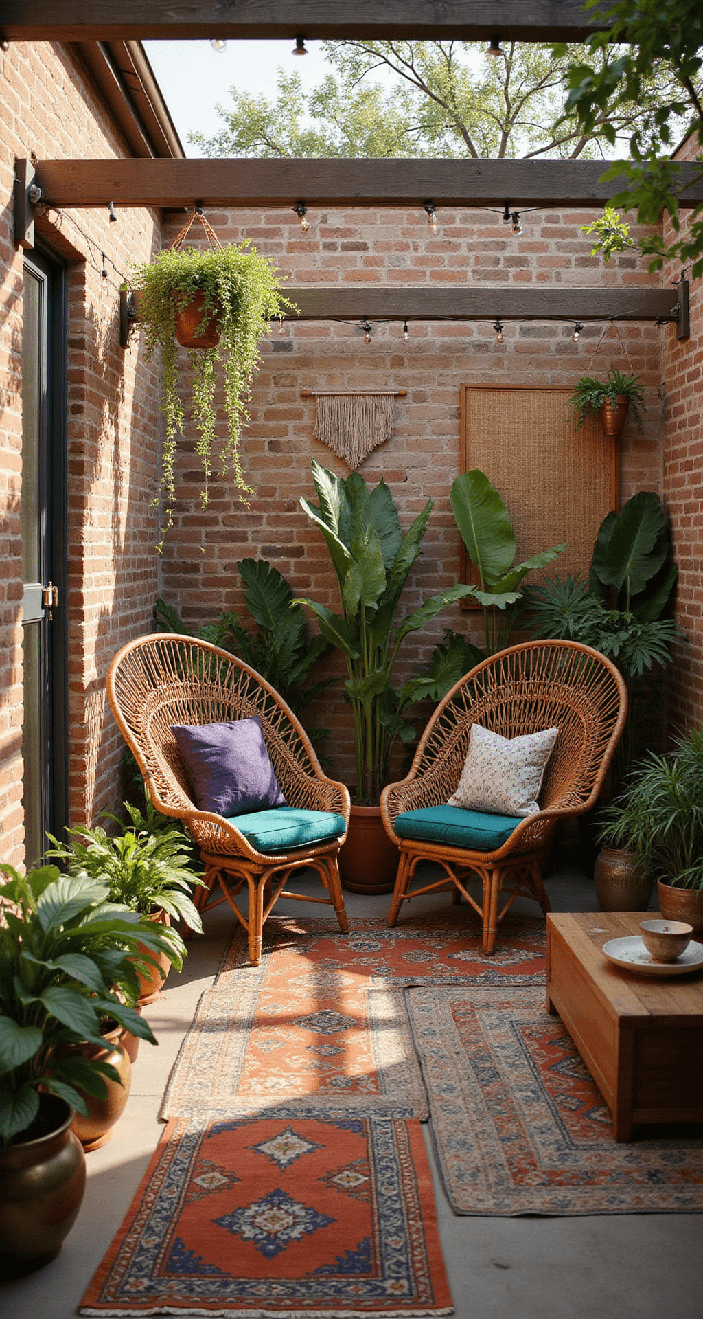 A sunlit patio featuring a rattan peacock chair with emerald and purple cushions, surrounded by vintage rugs, potted monstera plants, and hanging pothos. A low teak coffee table displays ceramic bowls and brass objects, while string lights and brass lanterns hang overhead, creating a warm, inviting atmosphere at golden hour.