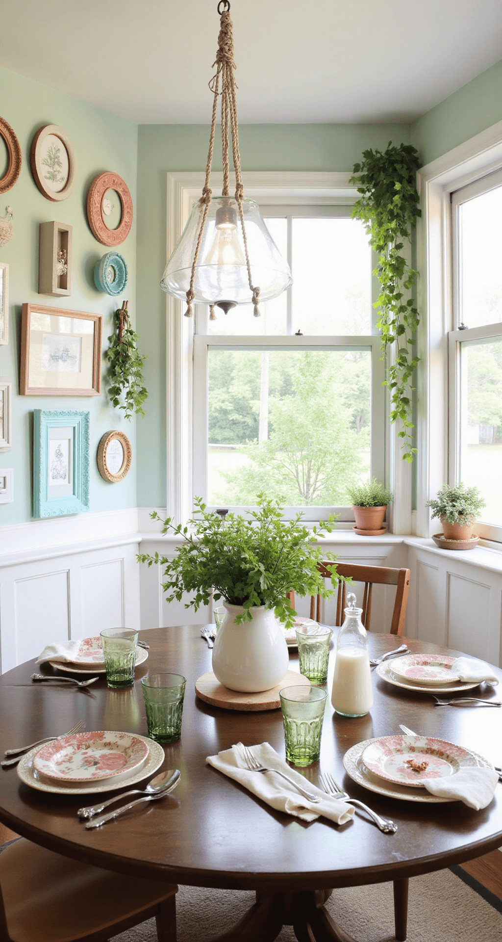 A cozy breakfast nook measuring 10'x12', illuminated by morning light, featuring a gallery wall of pastel-painted dollar store frames, a styled table with colorful mix-and-match glasses and white ceramics, and macramé plant hangers with trailing vines around the windows, viewed from above.