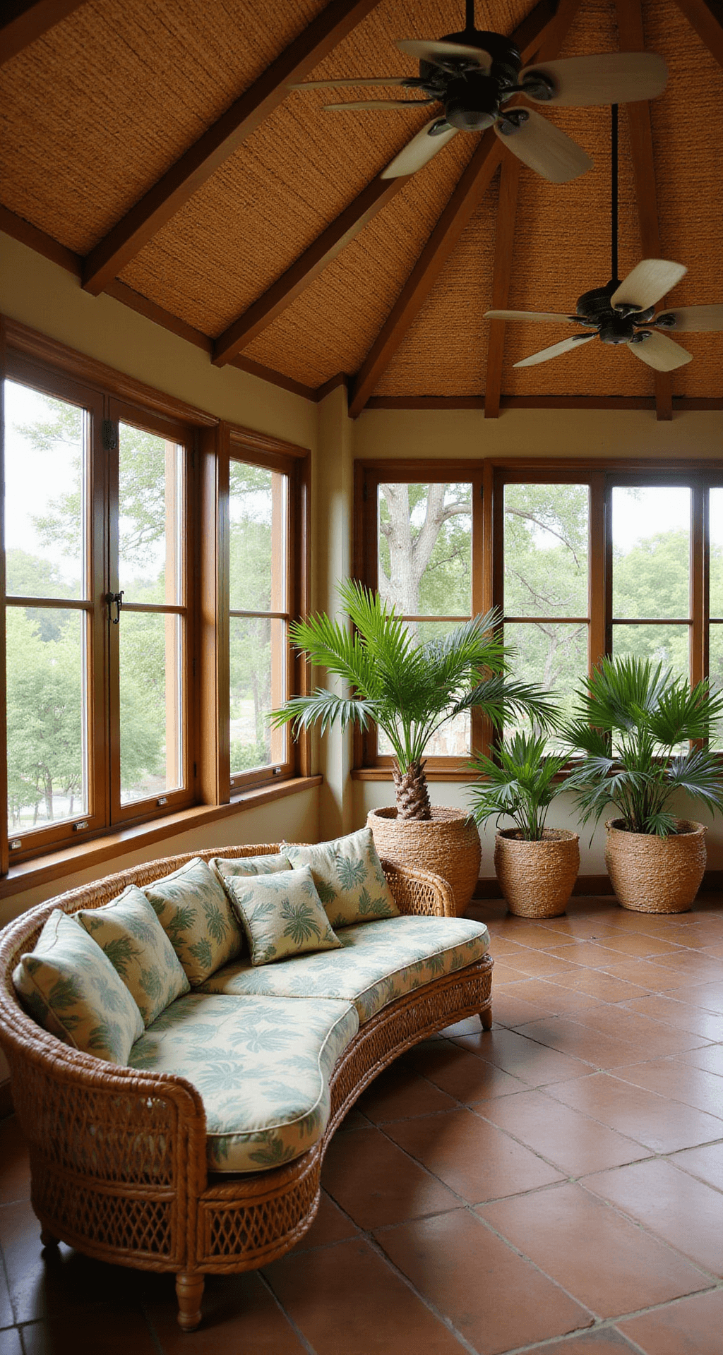 A tropical-inspired lounge featuring bronze-framed windows, a natural reed ceiling, a curved rattan sofa with palm print cushions, and a rope hammock. The space has terracotta tiles and clustered palm plants in woven baskets, complemented by vintage ceiling fans with bamboo blades. The scene is captured from a low angle, highlighting the ceiling height, bathed in golden late afternoon light for a relaxed, resort-like atmosphere.